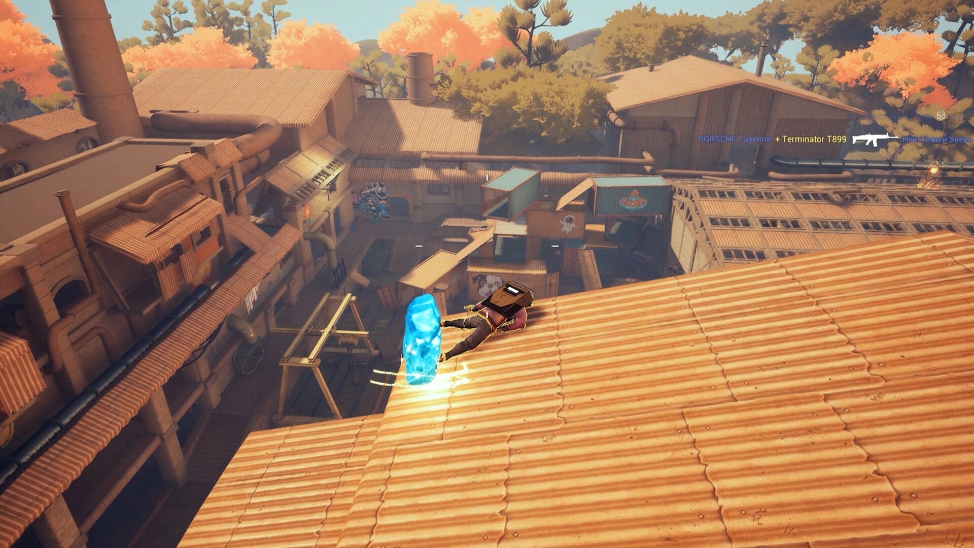 Hiding: Character collects blue crystal on corrugated roof in industrial arena with autumn foliage
