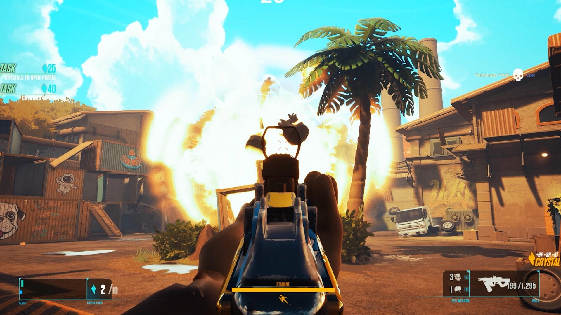 Hiding: First-person aiming at explosion near tropical warehouse with UI showing health and ammo stats