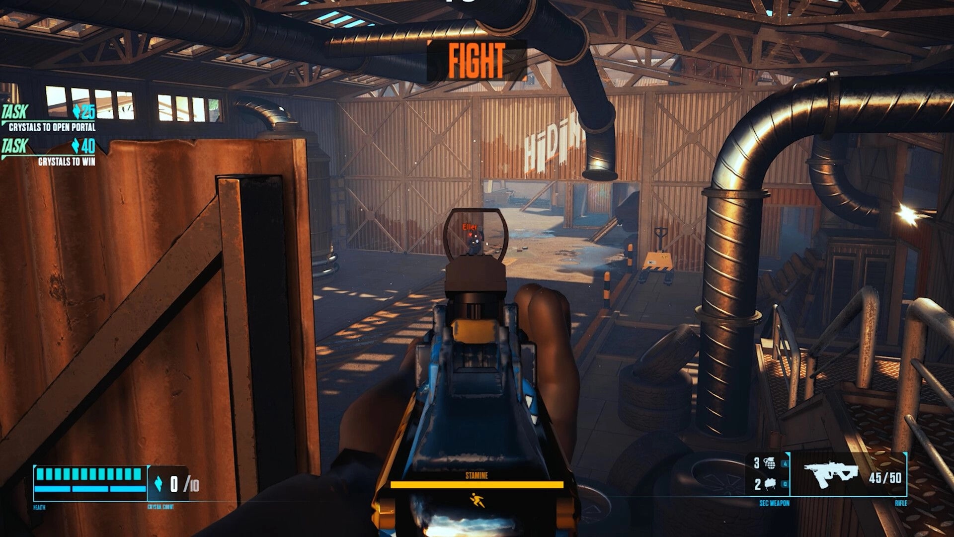 Hiding: Player aiming rifle at enemy in warehouse arena with visible tasks and health bar UI elements