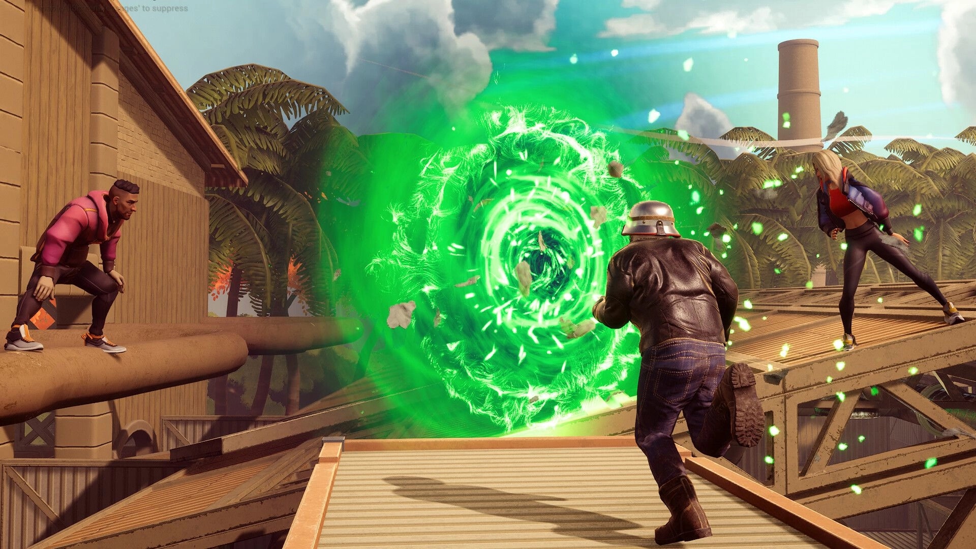 Hiding: Portal activation in industrial setting with characters poised for action and green energy vortex