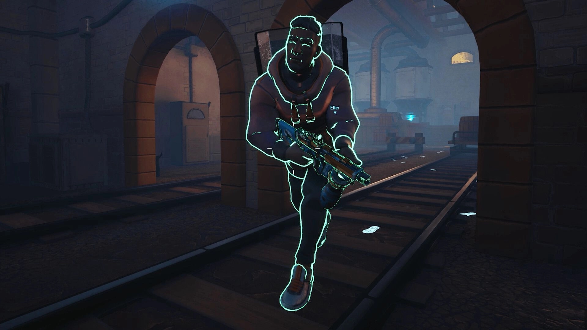 Hiding: Character Eller with glowing outline running through a dimly lit industrial railway tunnel.