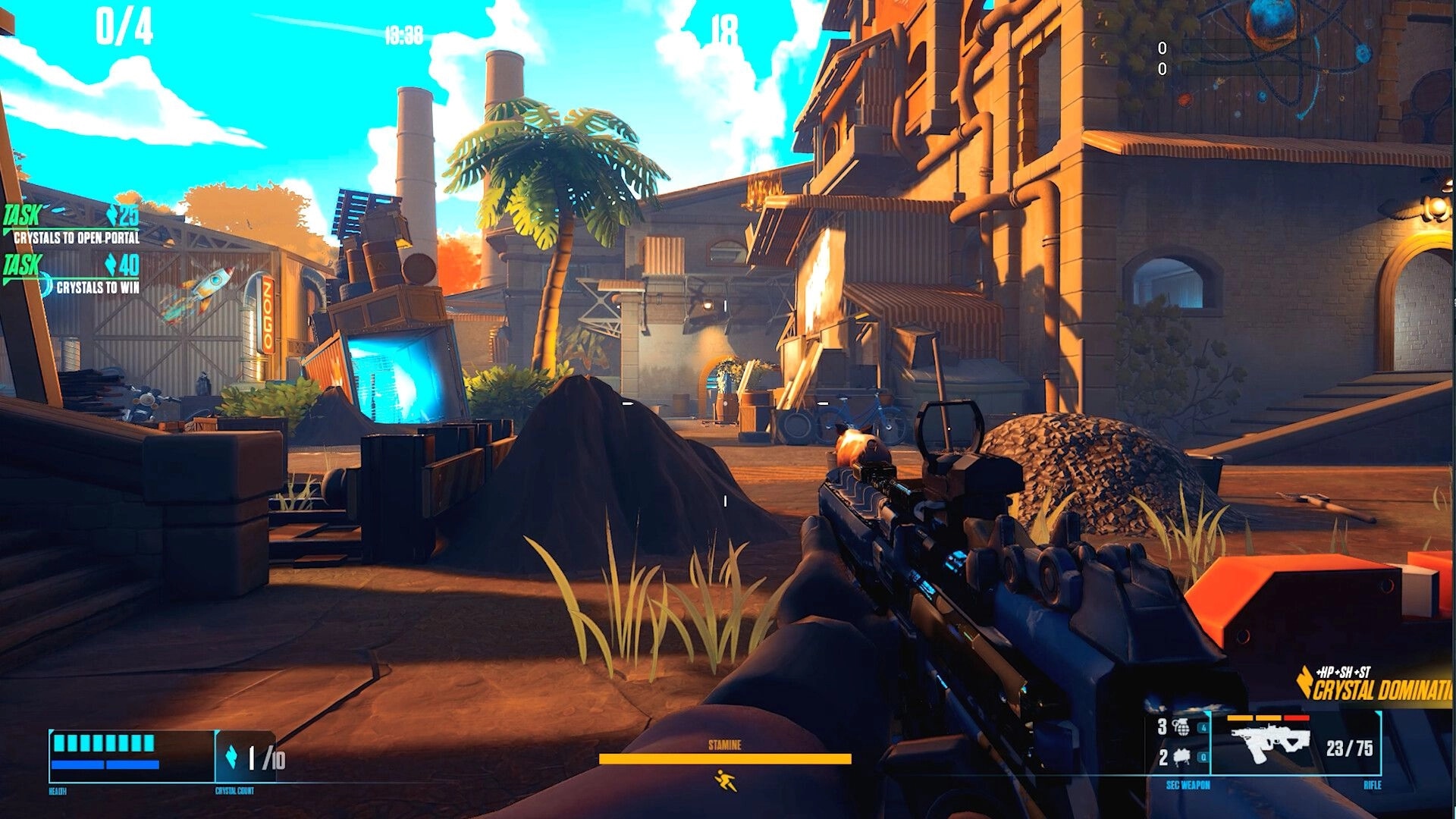 Hiding: First-person view aiming in sunlit industrial yard with crystal tasks and ammo UI elements visible
