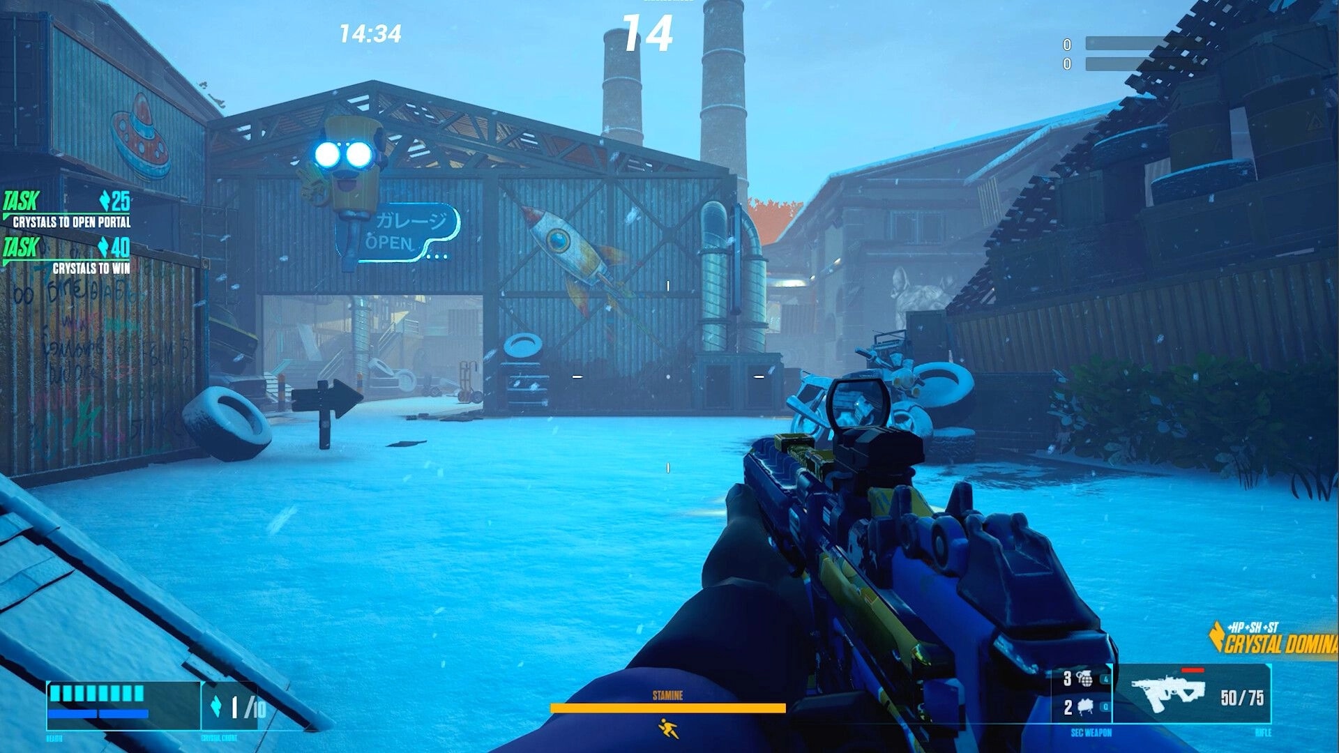 Hiding: First-person view holding a rifle in snowy industrial area with tasks and ammo displayed