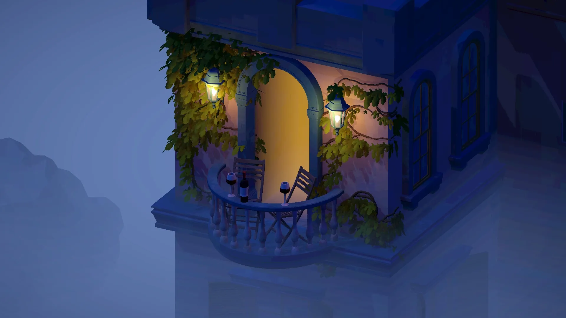 High Above: Cozy balcony scene with wine and chairs under warm light on a foggy evening rooftop
