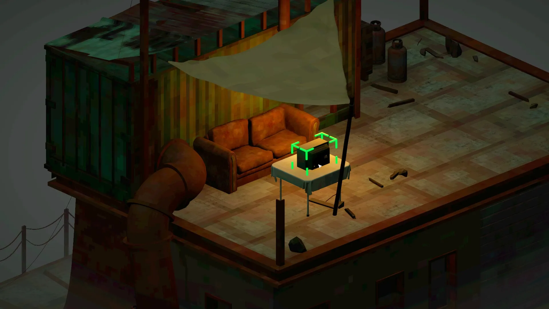 High Above: Cozy rooftop scene with sofa, table, and a glowing box under a canopy on urban building