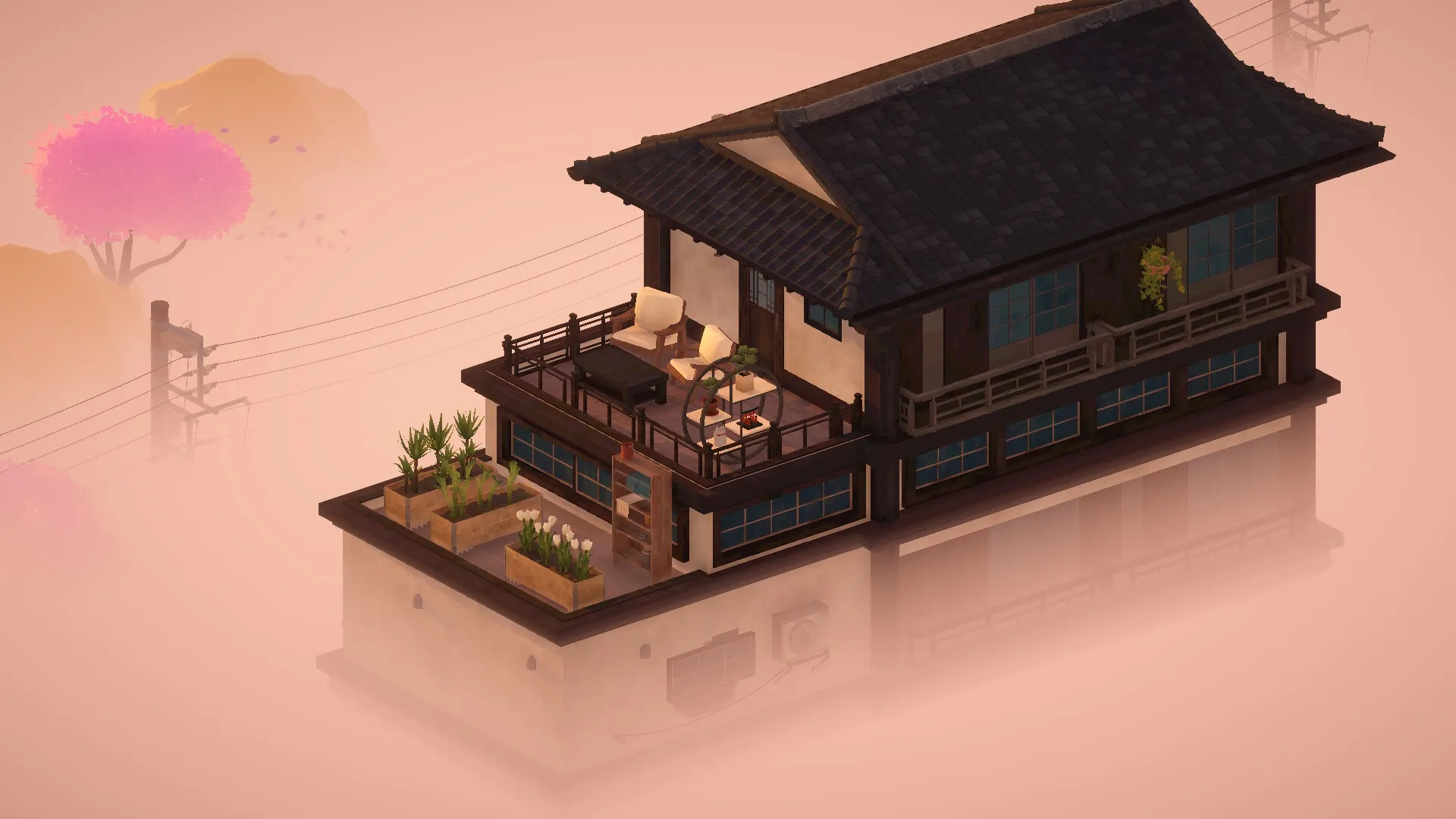 High Above: Rooftop retreat with garden planters and cozy seating amid soft pink fog and distant trees