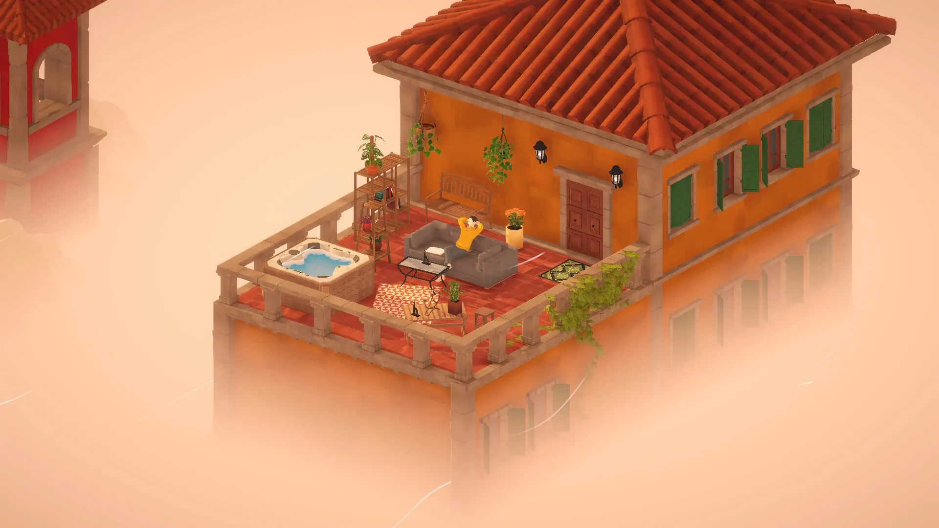 High Above: Cozy rooftop retreat with a person lounging near a hot tub and plants on a misty day