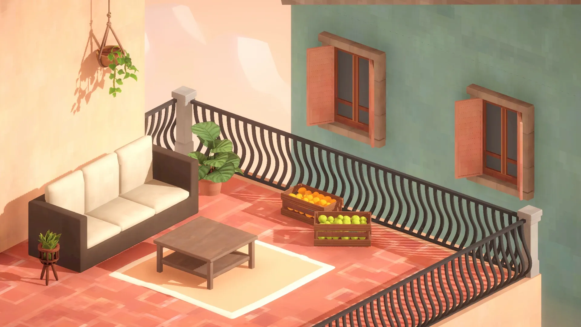 High Above: Cozy rooftop patio with sofa, table, potted plants, and crates of oranges and lemons
