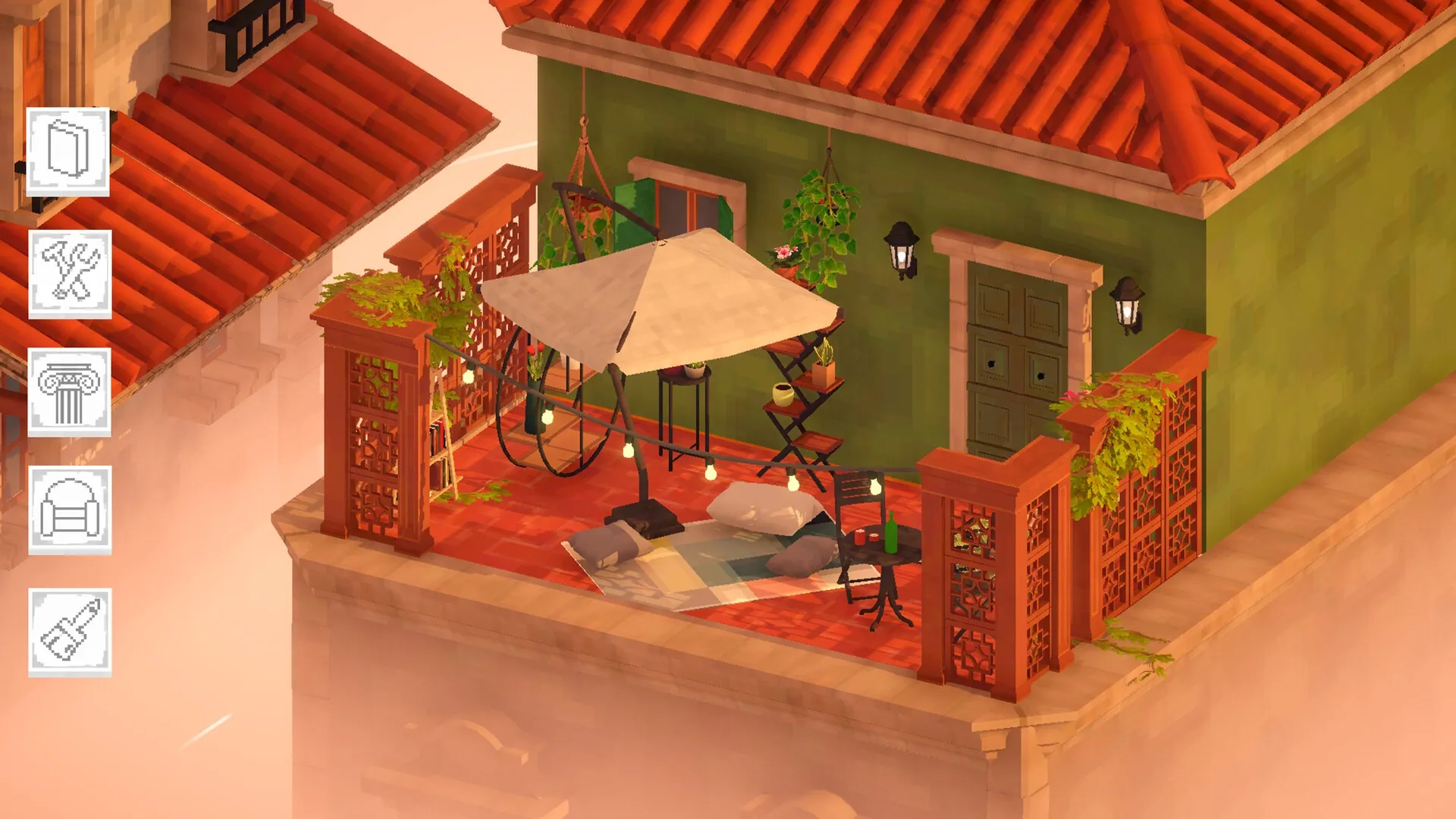 High Above: Rooftop patio with hammock, plants, and seating overlooking misty skies, menu icons on left