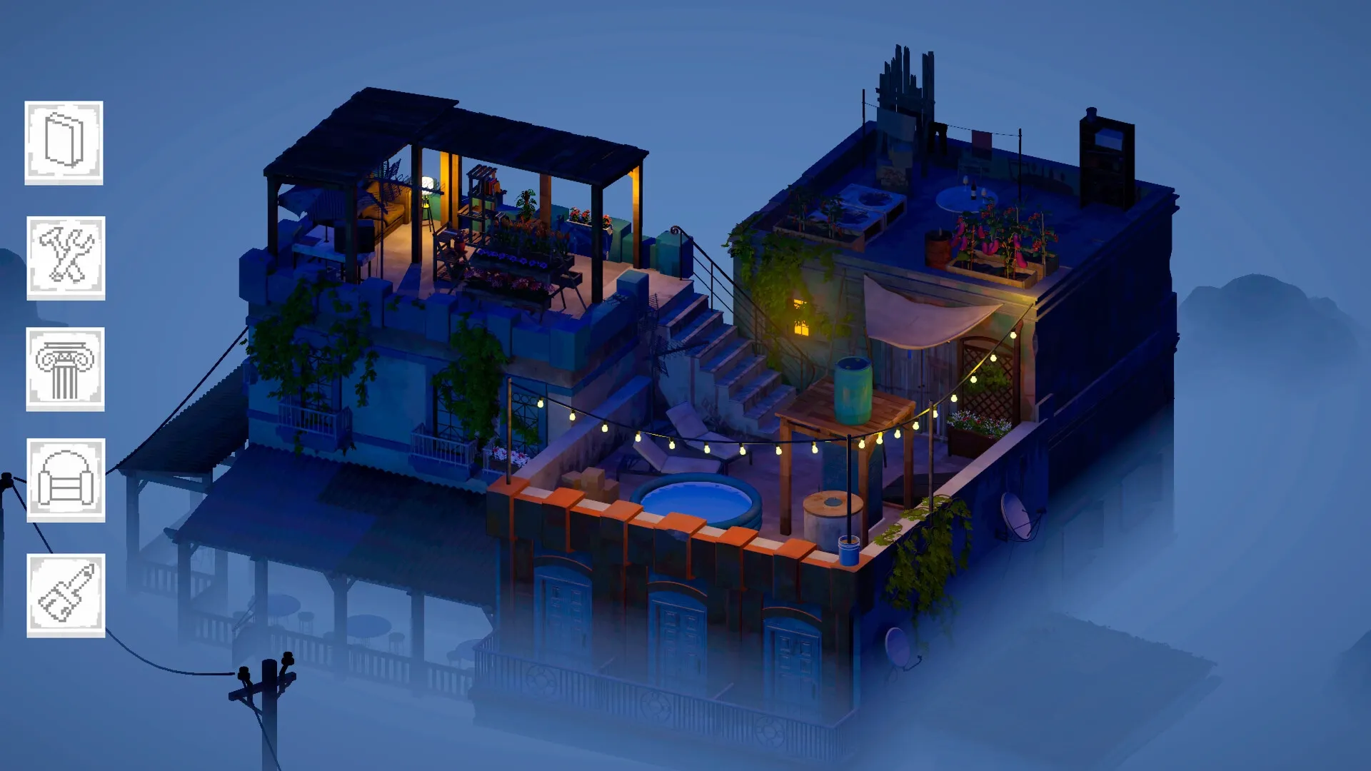 High Above: Cozy rooftop retreat with string lights, plants, and crafting menu icons on the left side