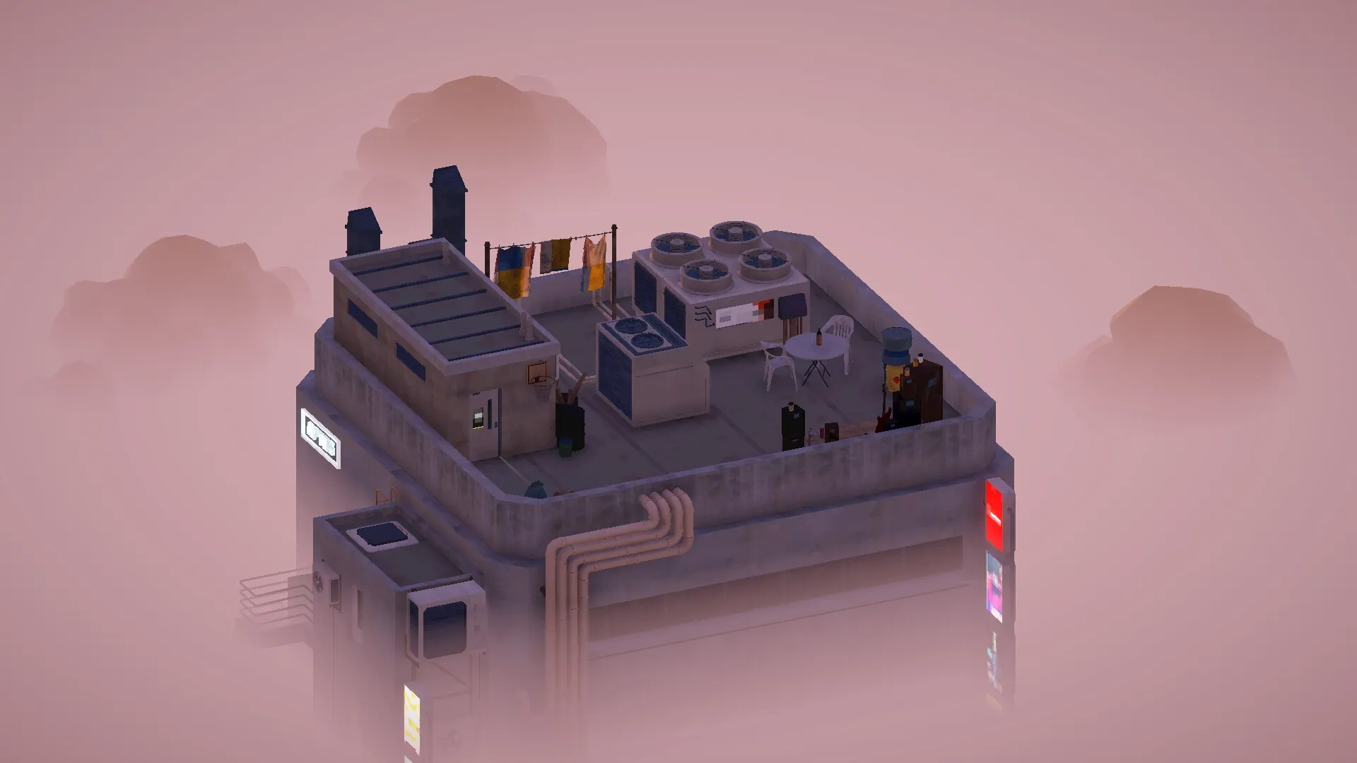 High Above: Rooftop with laundry, air units, and a small seating area surrounded by pink clouds