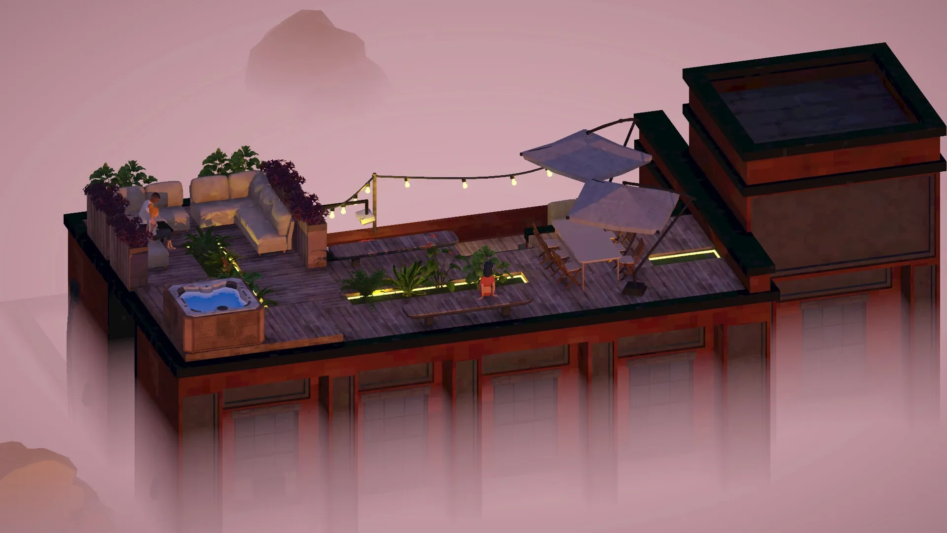 High Above: Cozy rooftop scene with seating, plants, string lights, and a hot tub in a tranquil atmosphere.