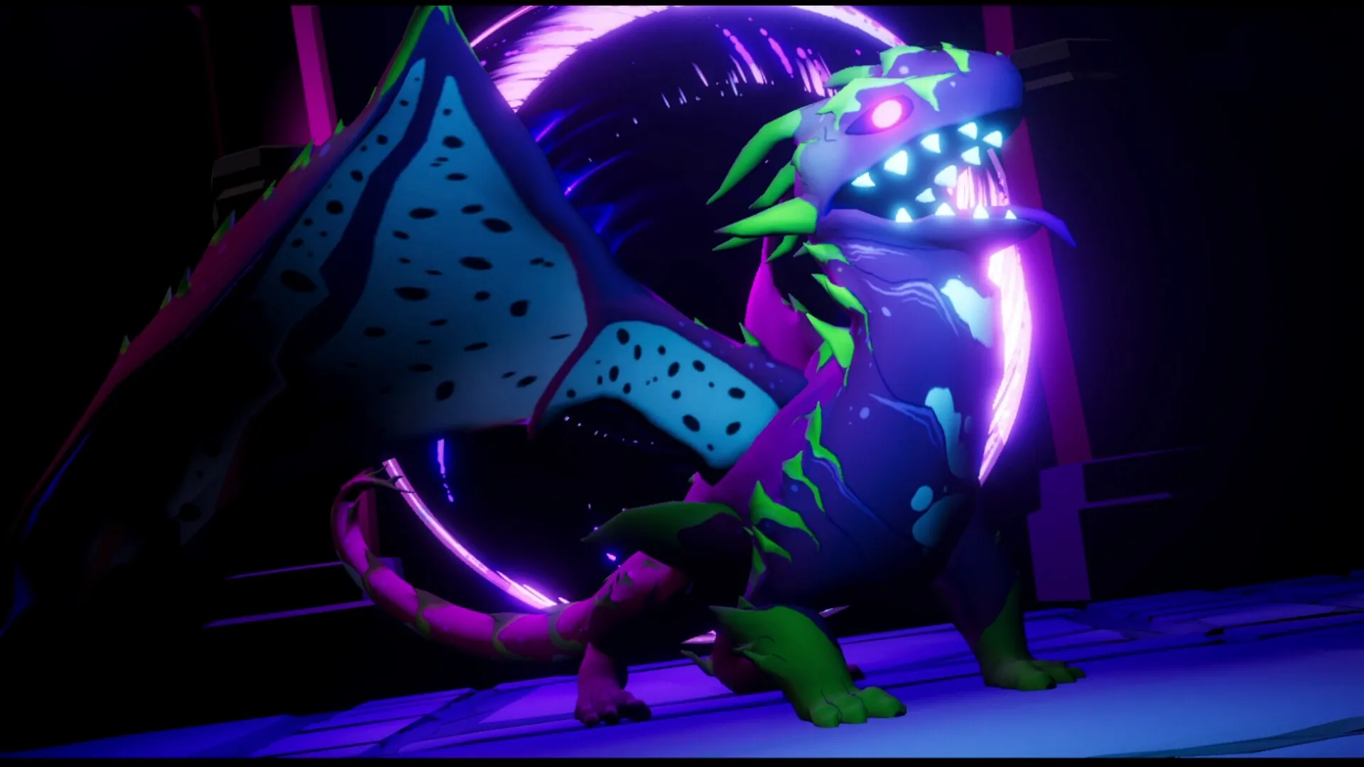 High Fructose: Neon mutant dragon with glowing eyes stands before swirling portal in dark environment