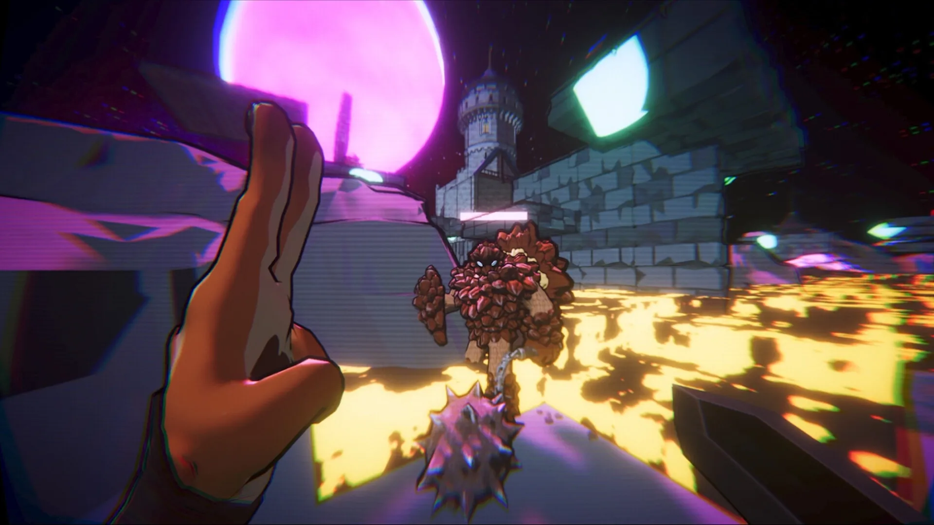 High Fructose: Player aiming spiked mace at mutant fruit enemy in neon-lit castle corridor.