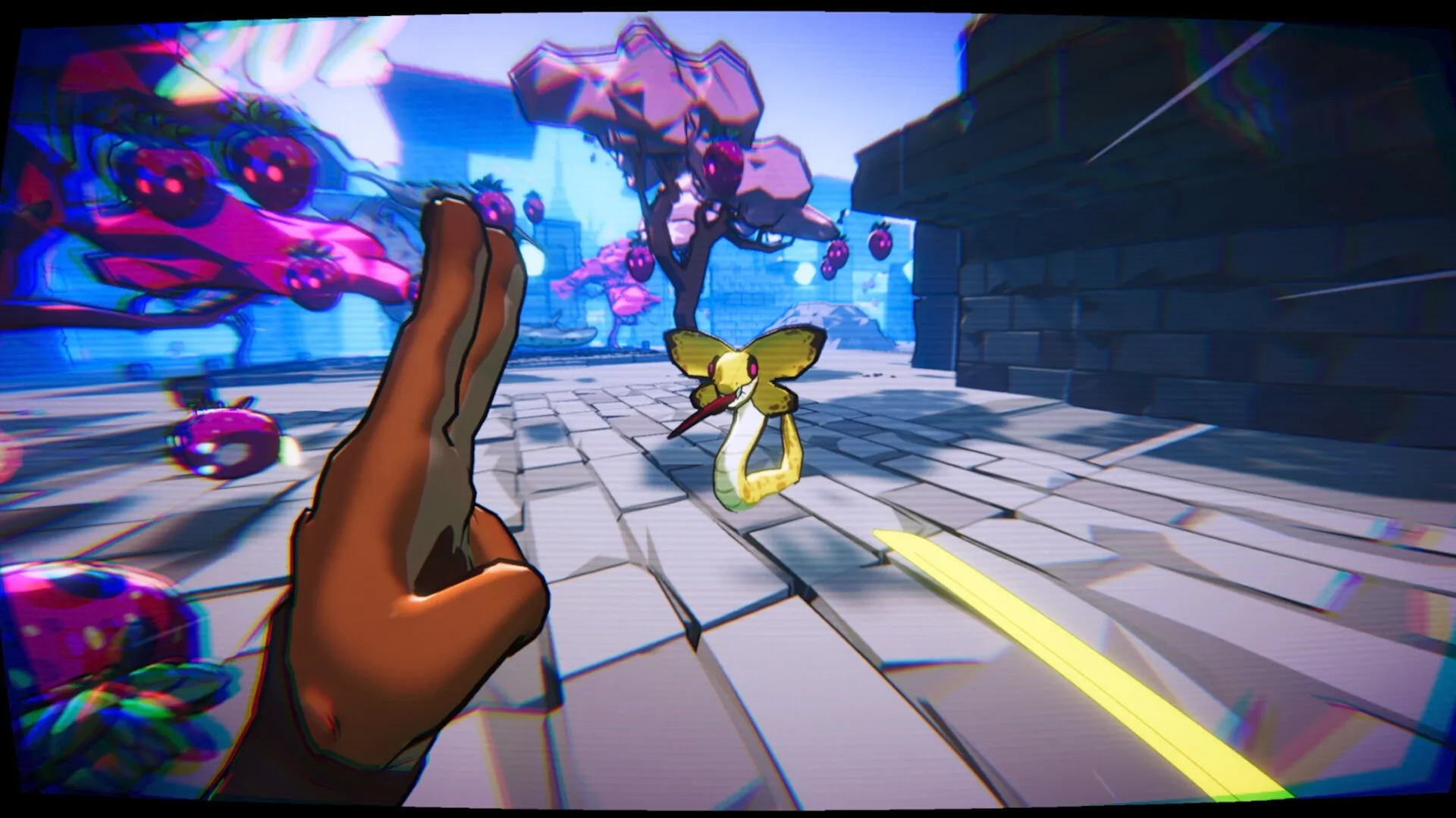 High Fructose: Hand gesture aiming at mutant snake in colorful orchard with floating strawberries