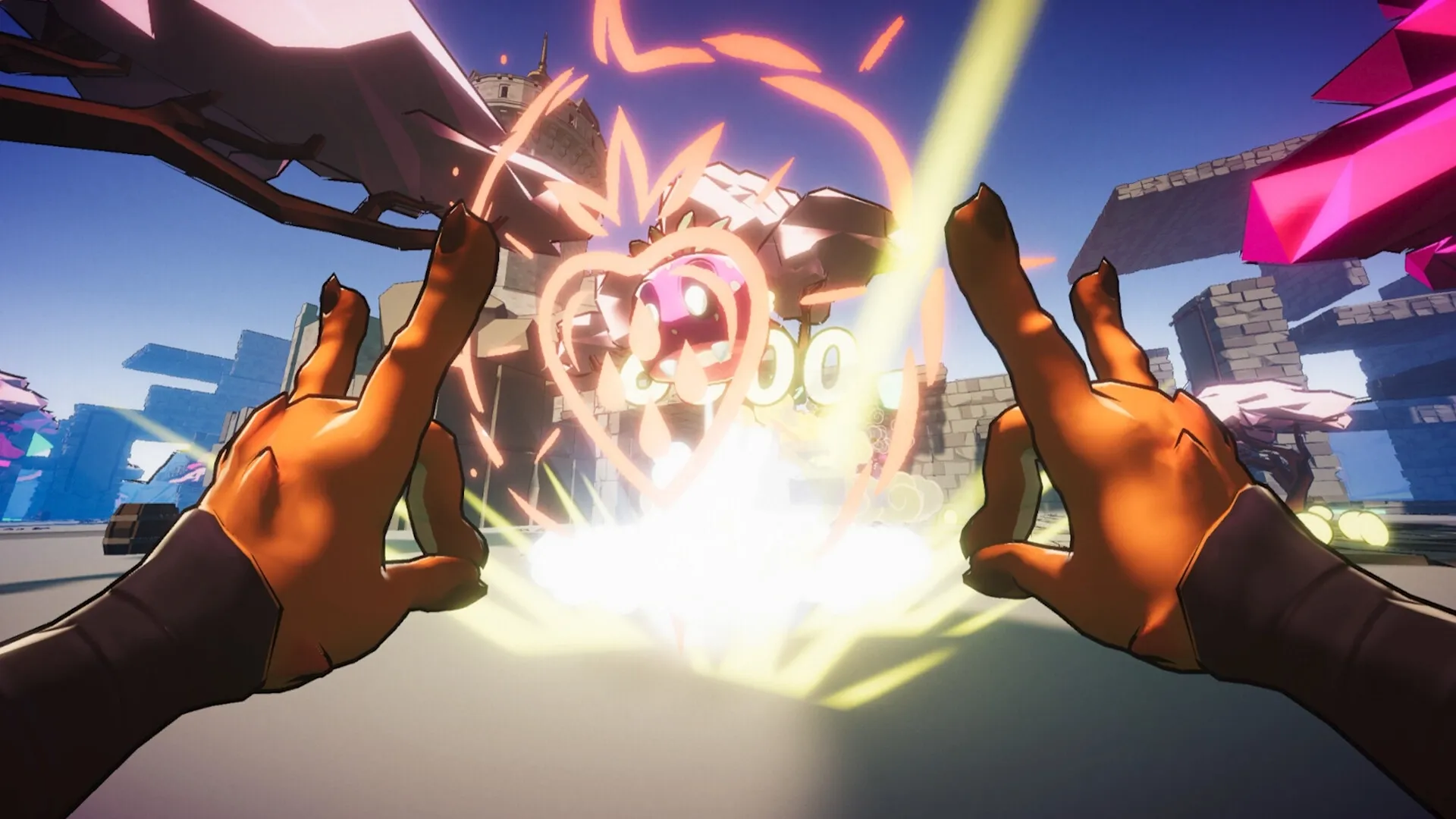 High Fructose: First-person view casting spell at glowing fruit monster in a colorful, ruined orchard