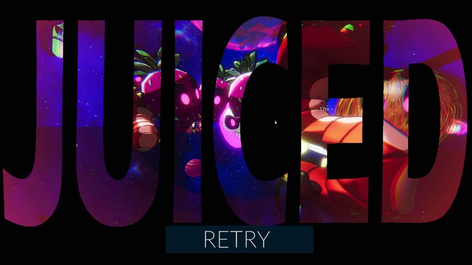 High Fructose: Game over screen with "JUICED" text overlay and retry button, vibrant fruit enemies visible