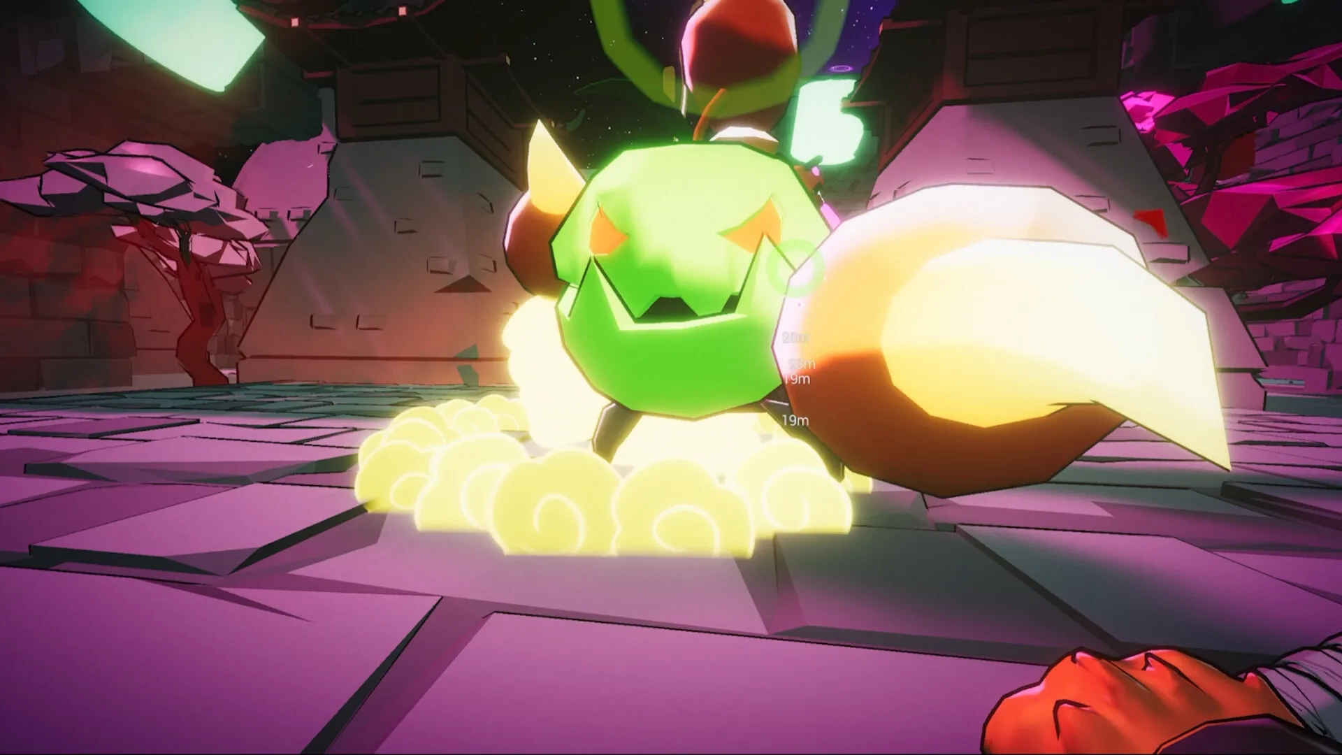 High Fructose: Giant green fruit monster on stone path in vibrant orchard with glowing elements