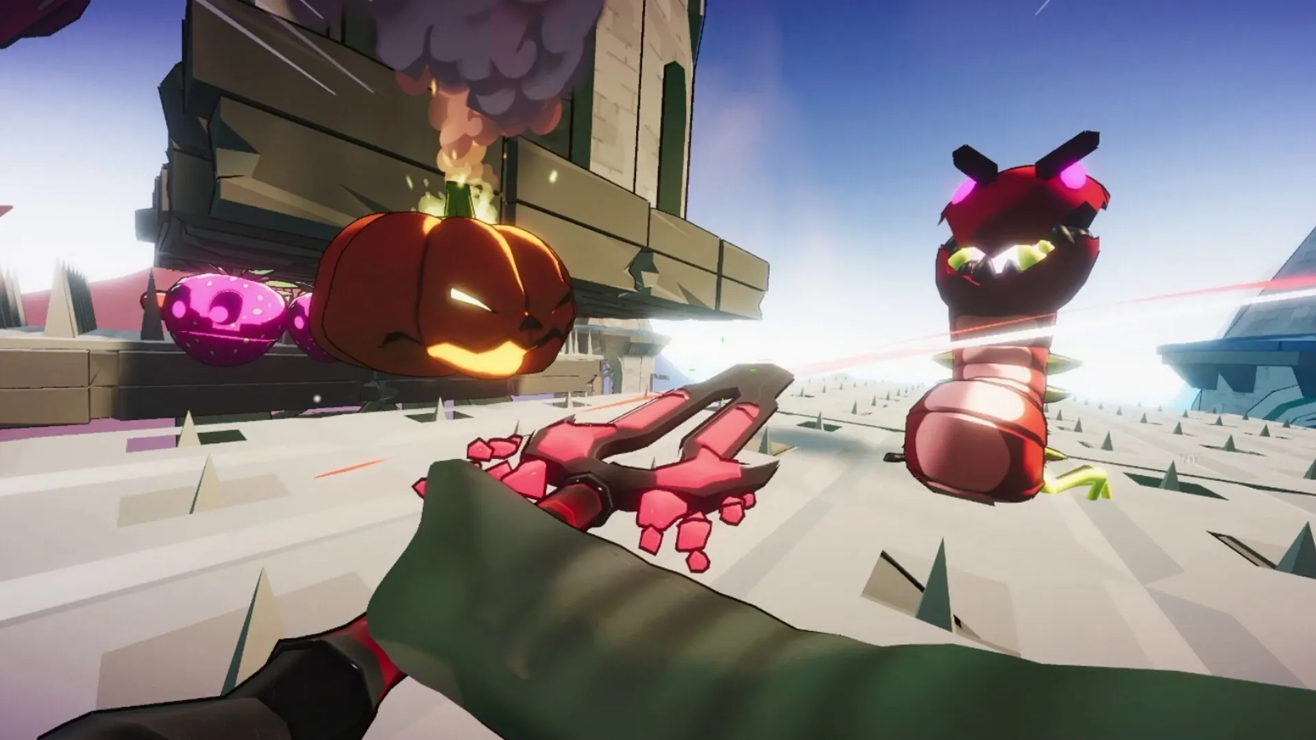 High Fructose: Player wields energy gauntlet against mutant fruit enemies in a futuristic orchard setting.