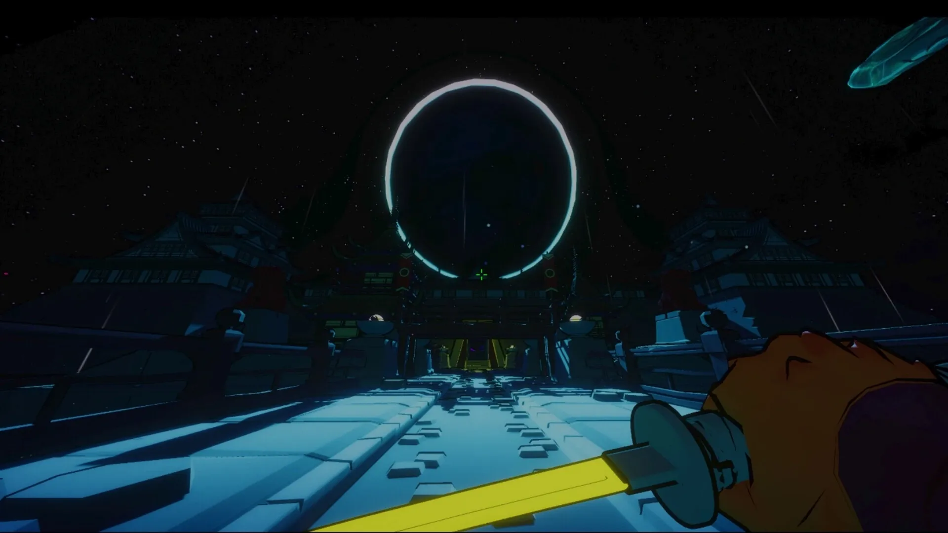 High Fructose: Animal warrior with glowing sword approaches futuristic temple under starry sky