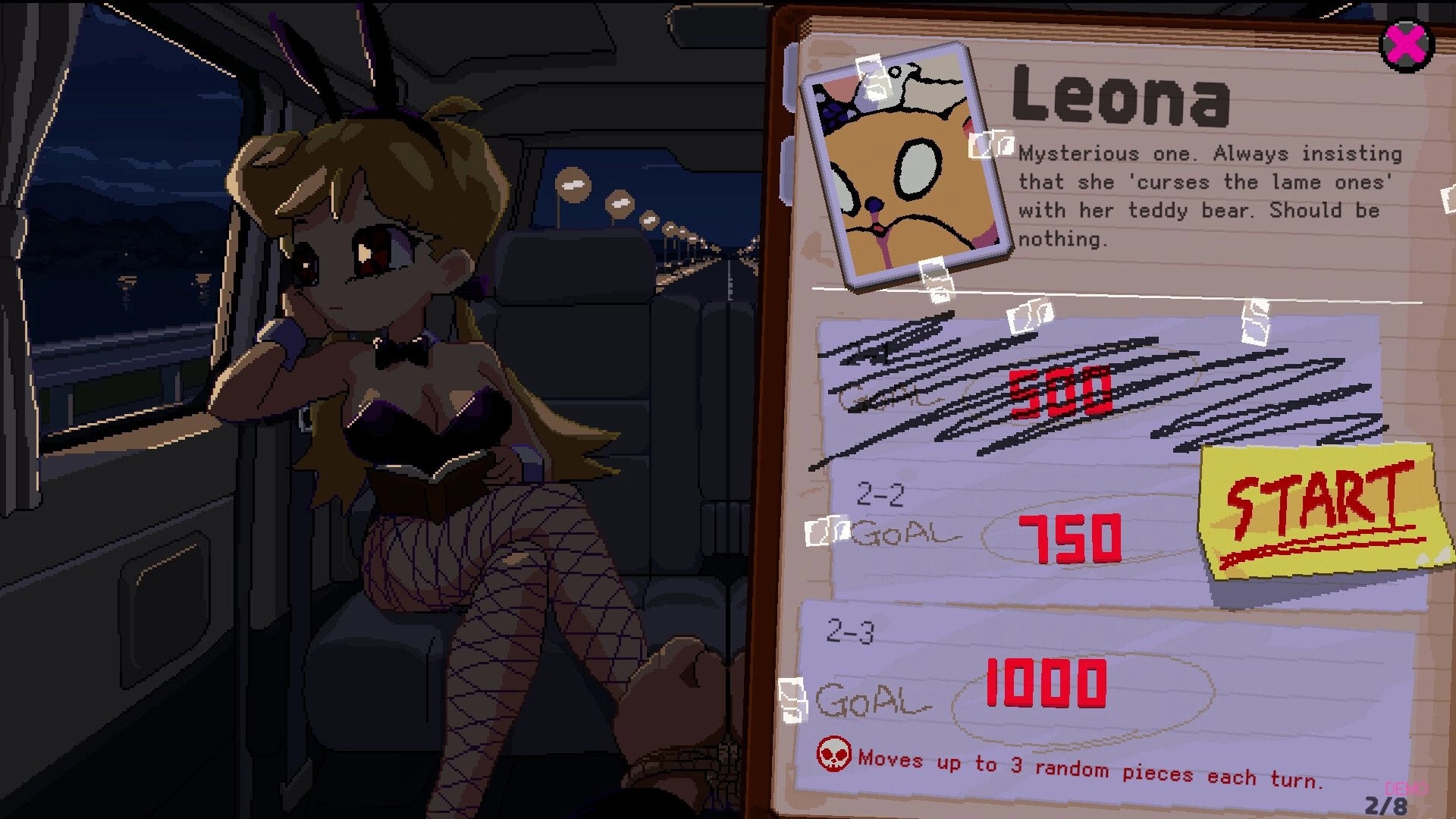 High Roller Penny: Leona profile dossier with START button and score goals, girl in car at night.