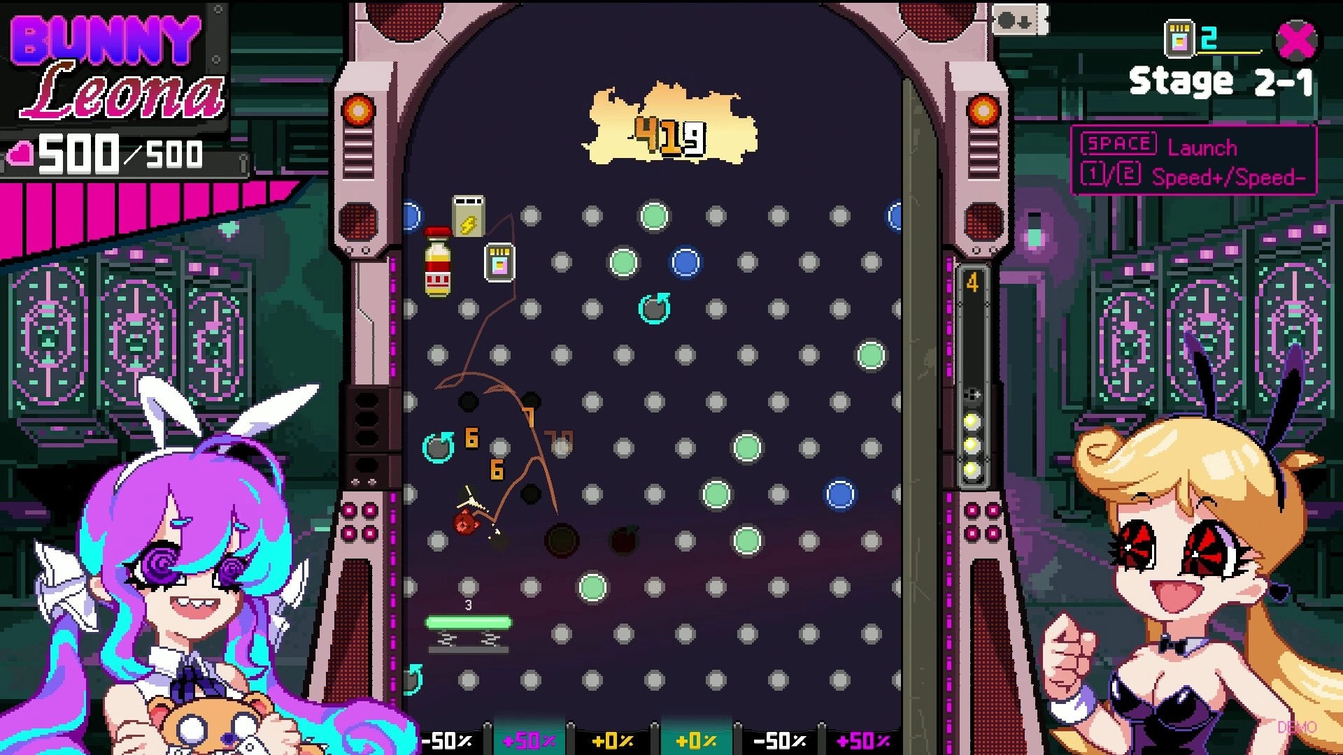 High Roller Penny: Pegboard pachinko battle with score 419, Leona HP bar, Stage 2-1 neon arcade UI.