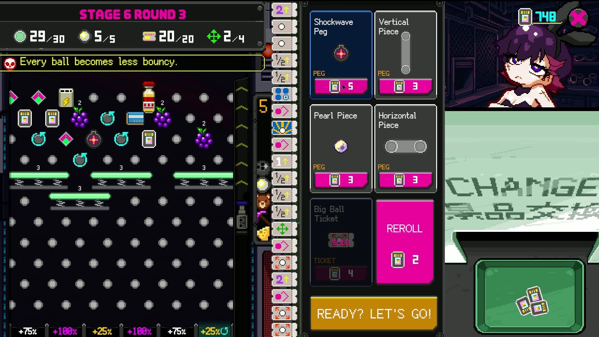 High Roller Penny: Stage 6 Round 3 pegboard build with shop pegs and reroll beside bunny dealer UI.