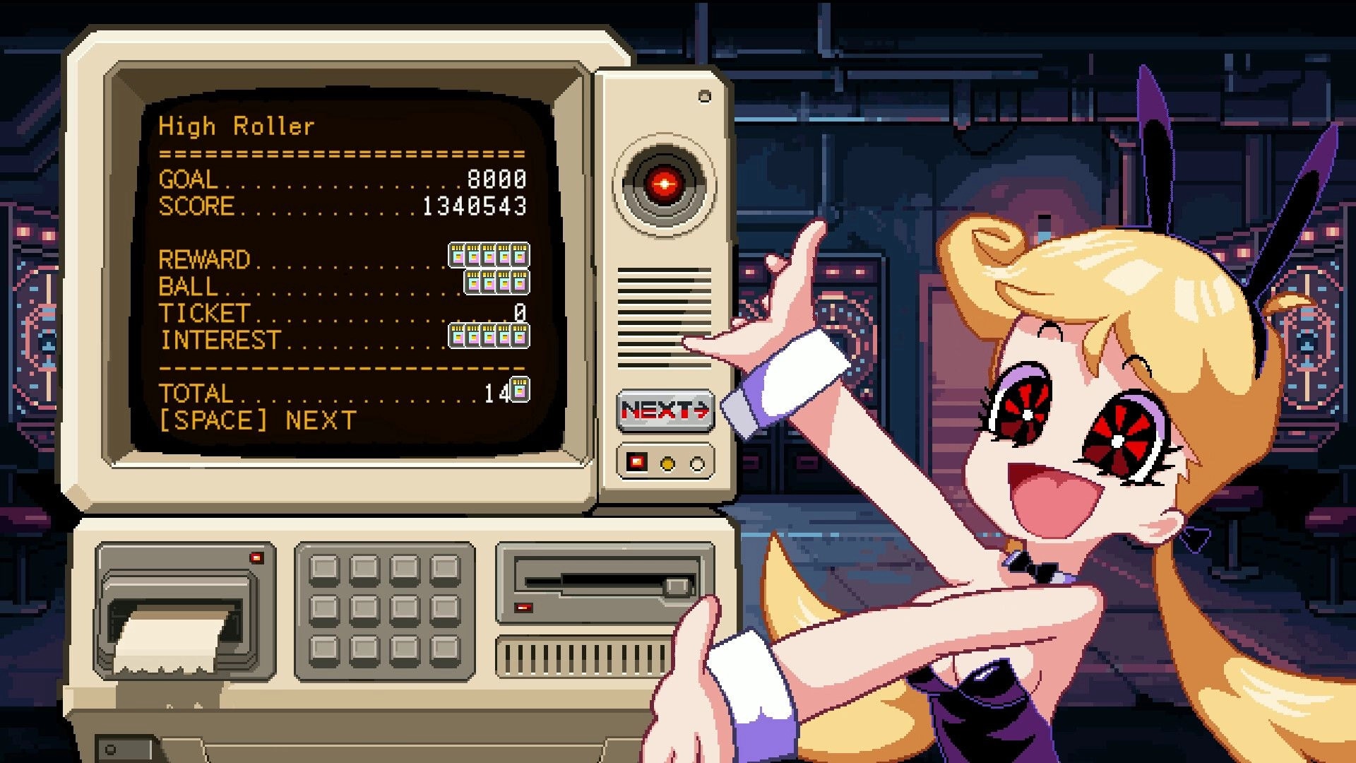 High Roller Penny: Bunny girl points at score summary terminal in a neon casino control room backdrop.