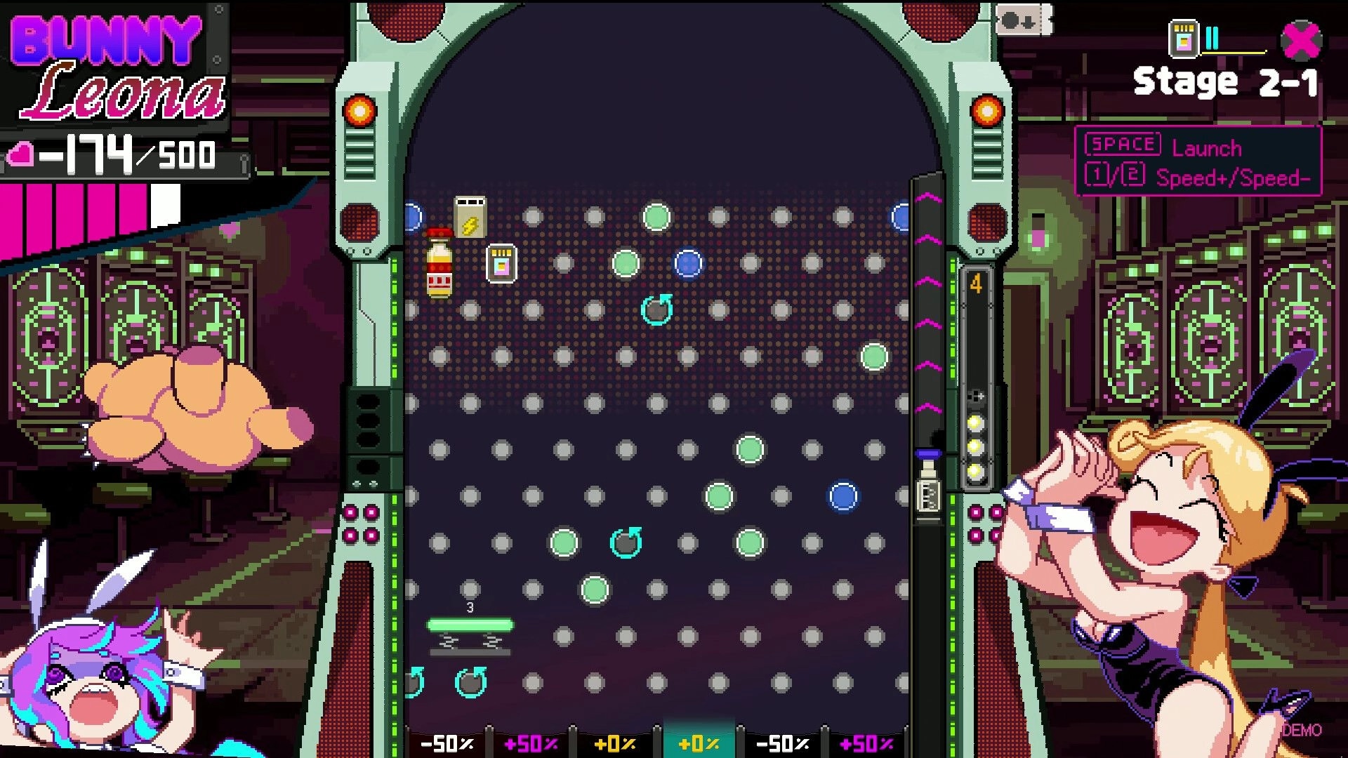 High Roller Penny: Bunny Leona stage 2-1 pegboard with pegs and launch controls in neon arcade room.