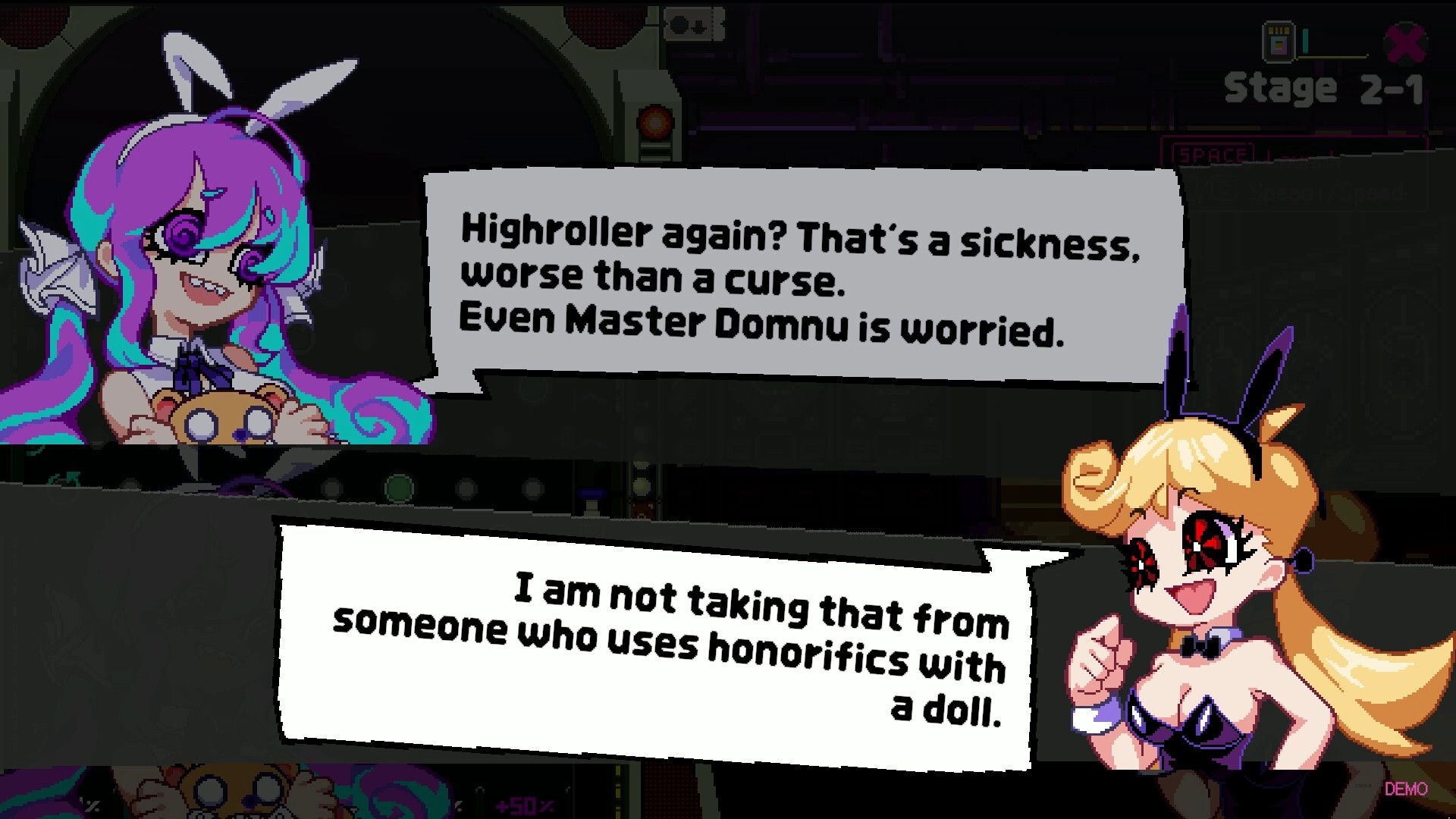 High Roller Penny: Bunny girl dialogue scene with speech bubbles over Stage 2-1 pachinko board UI.