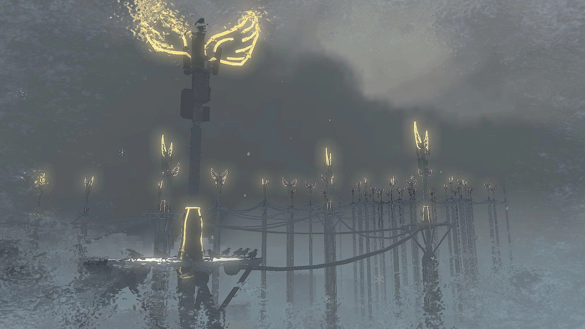 High Walk: Snowy rope bridge lined with glowing winged lamps, fading into foggy night sky.