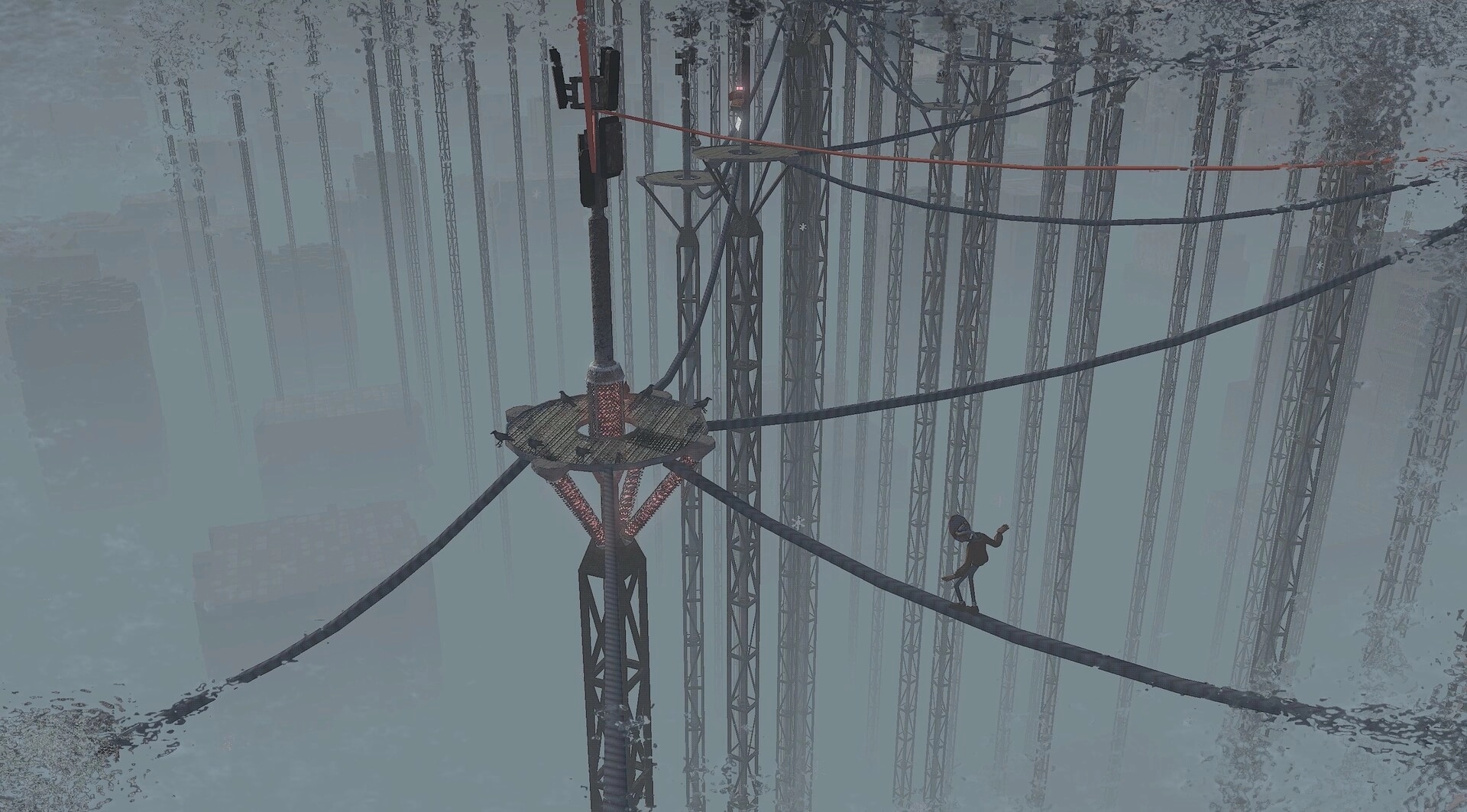 High Walk: Player balances on a sagging cable near a radio tower platform in snowy fog above city.