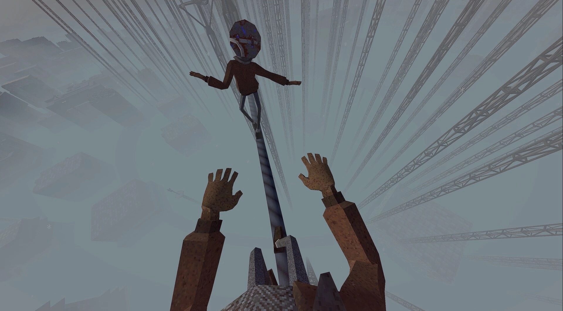 High Walk: First-person view reaching up at a co-op player balancing on a rope above foggy towers.