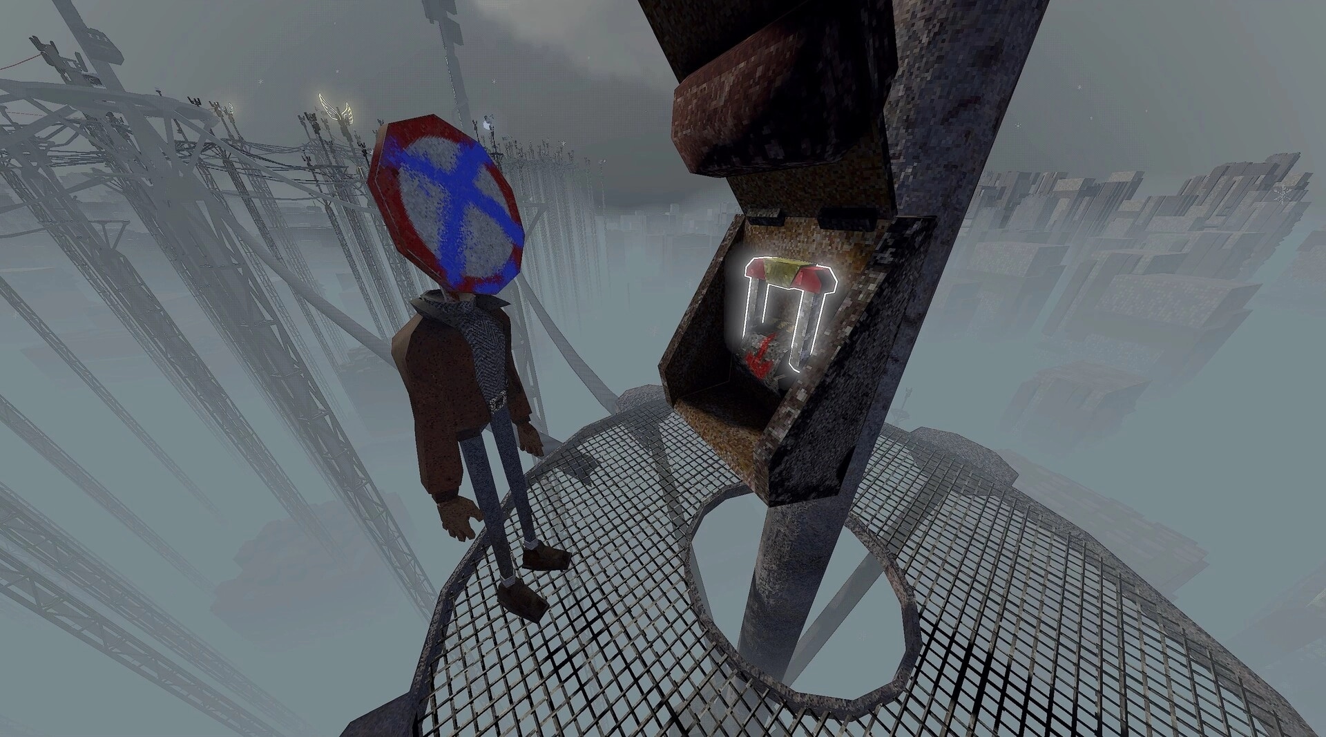 High Walk: Player stands on grated tower platform beside a glowing switch above foggy rooftops.