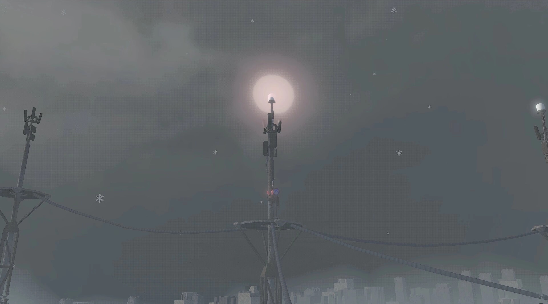 High Walk: Player clings to a tall antenna tower above ropes in snowy night sky over city skyline.