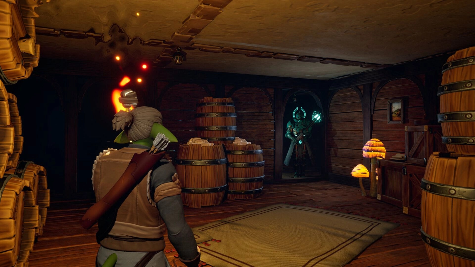 Highreach: Third-person archer explores a wooden cellar with barrels and a glowing armored foe.