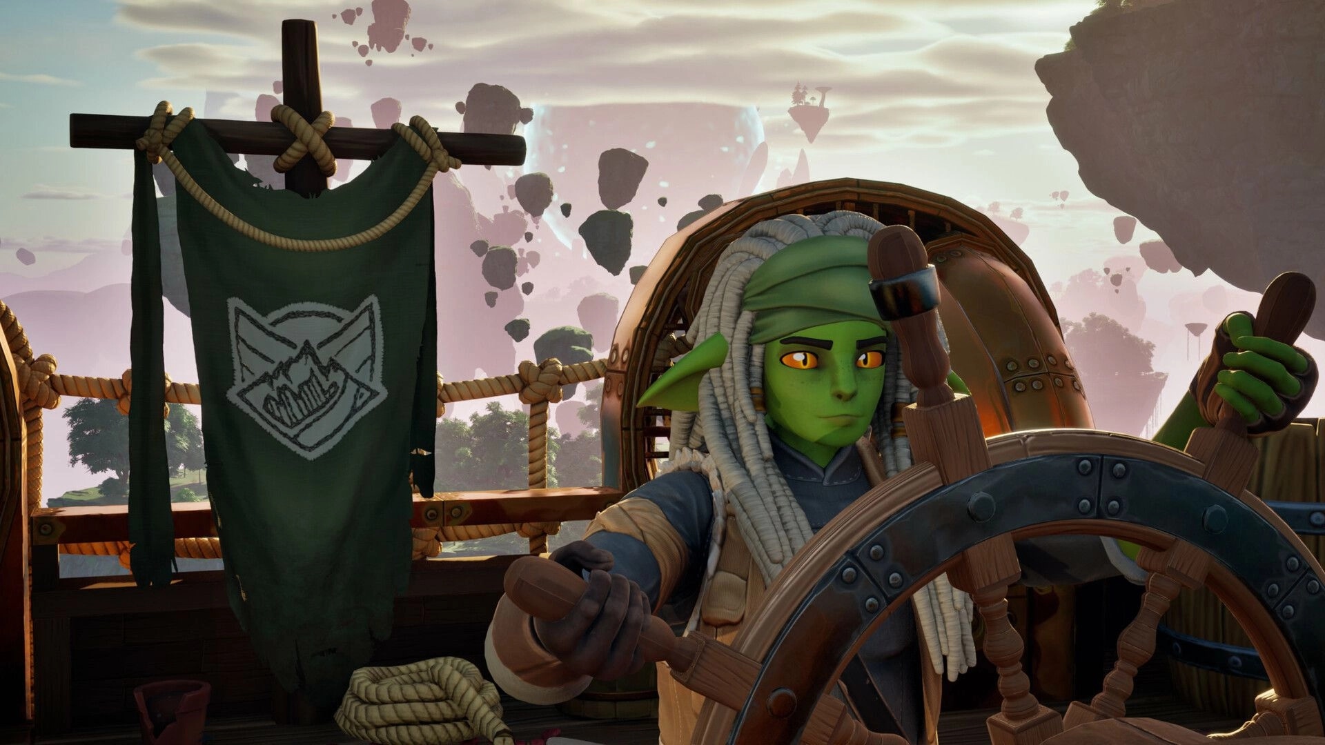 Highreach: Green-skinned pilot grips the airship wheel beside a banner, floating islands beyond.