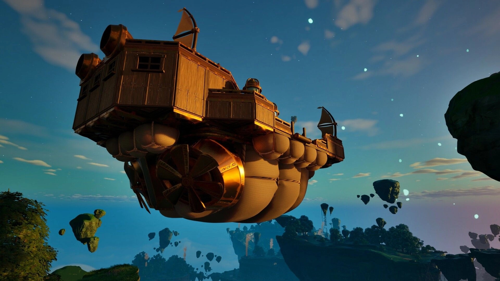 Highreach: Wooden airship with balloon hull and propeller cruising above floating islands at dusk.