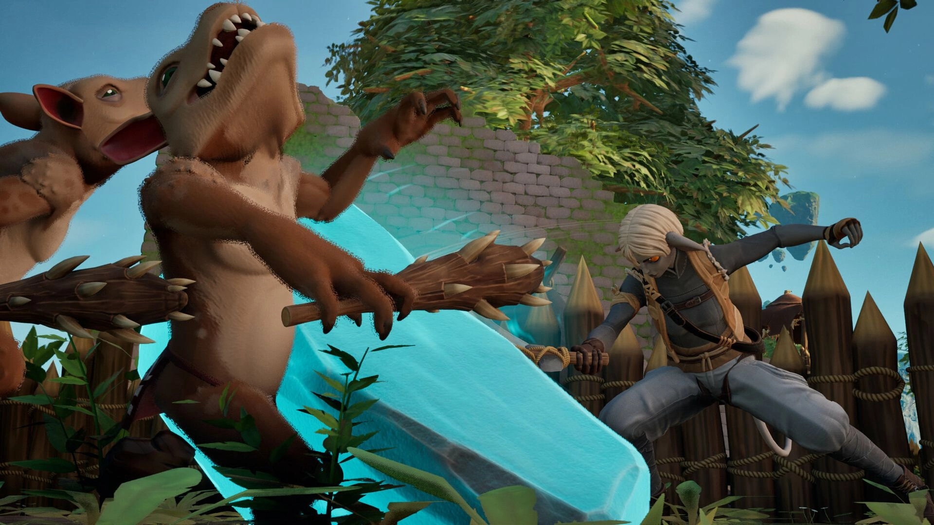Highreach: Player dodges two club-wielding beasts beside wooden palisade and crumbling stone wall.