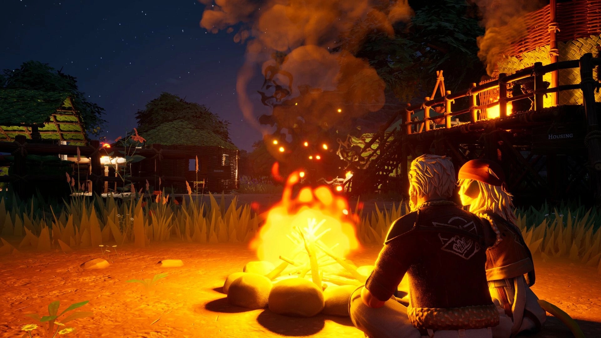 Highreach: Two survivors sit by a campfire at night beside wooden huts and a lit stilt house.