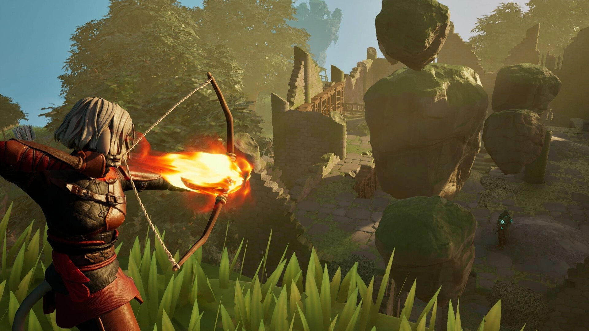 Highreach: Archer draws a flaming arrow overlooking crumbling stone ruins and floating boulders nearby.