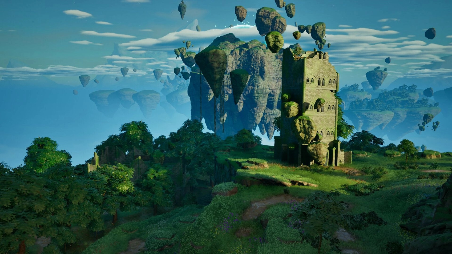Highreach: Scenic view of a ruined stone tower beside floating rocks over a green hill landscape.