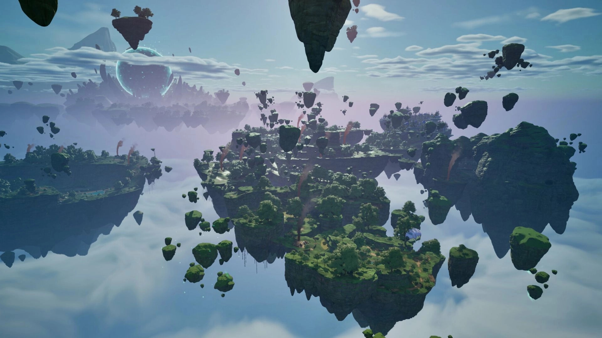 Highreach: Wide aerial view of floating forested islands and drifting rocks above a cloud sea.