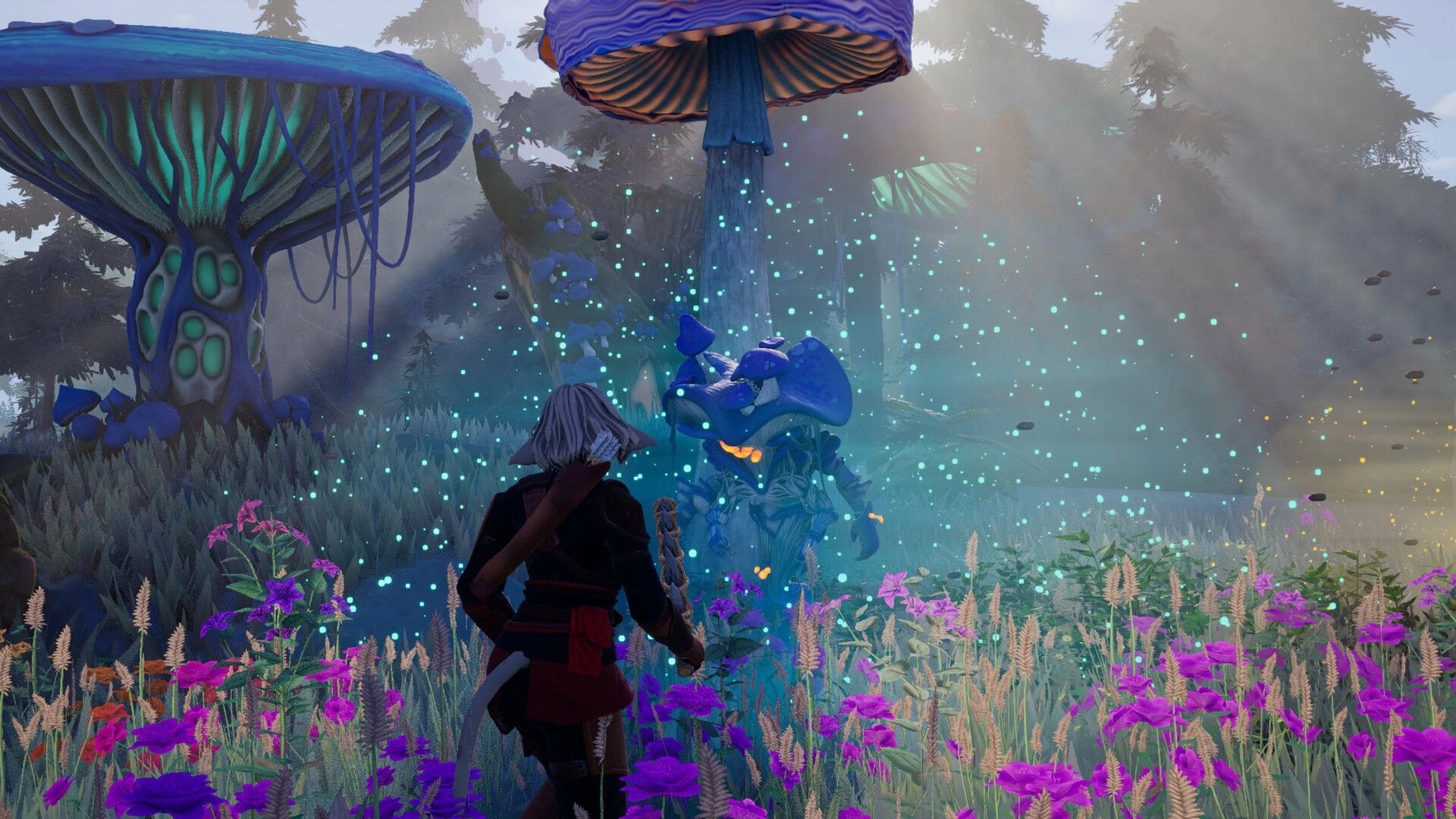 Highreach: Player aims a rope weapon at a glowing mushroom creature in a bioluminescent forest glade.
