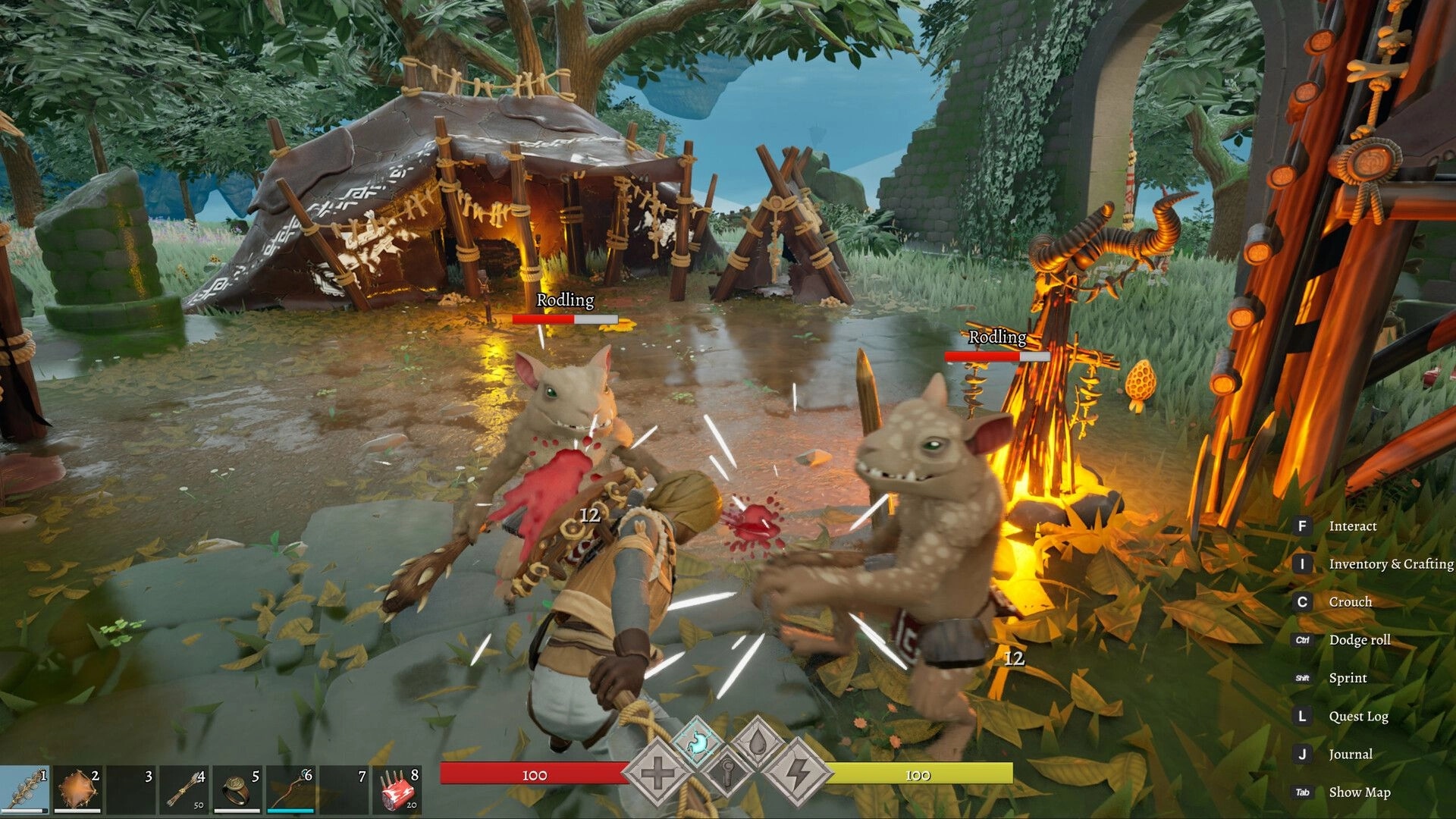 Highreach: Player fights two Rodling enemies near a campfire and tents in a forest camp ruin.