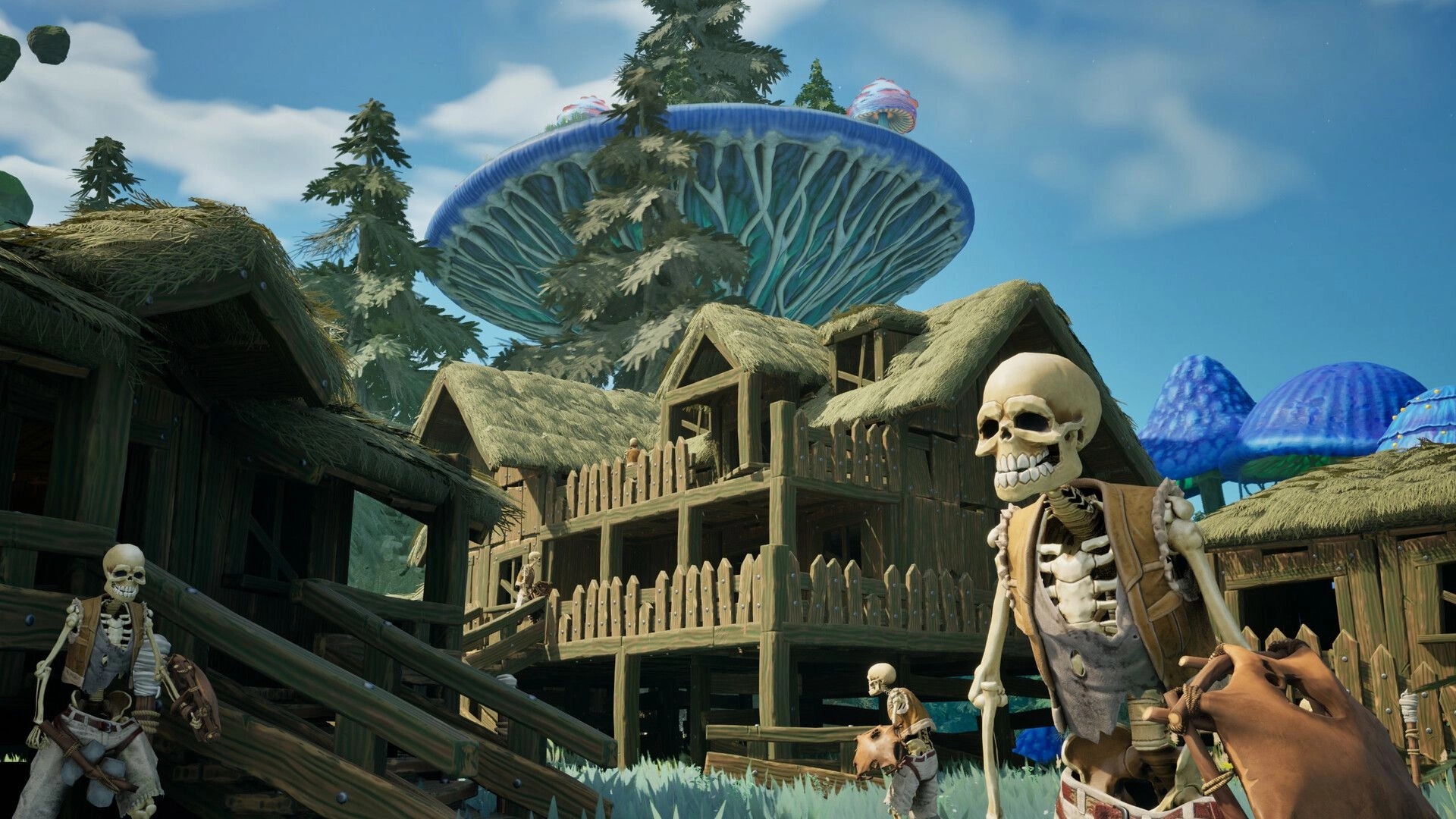 Highreach: First-person view facing skeleton guards outside a wooden palisade village under giant mushrooms.