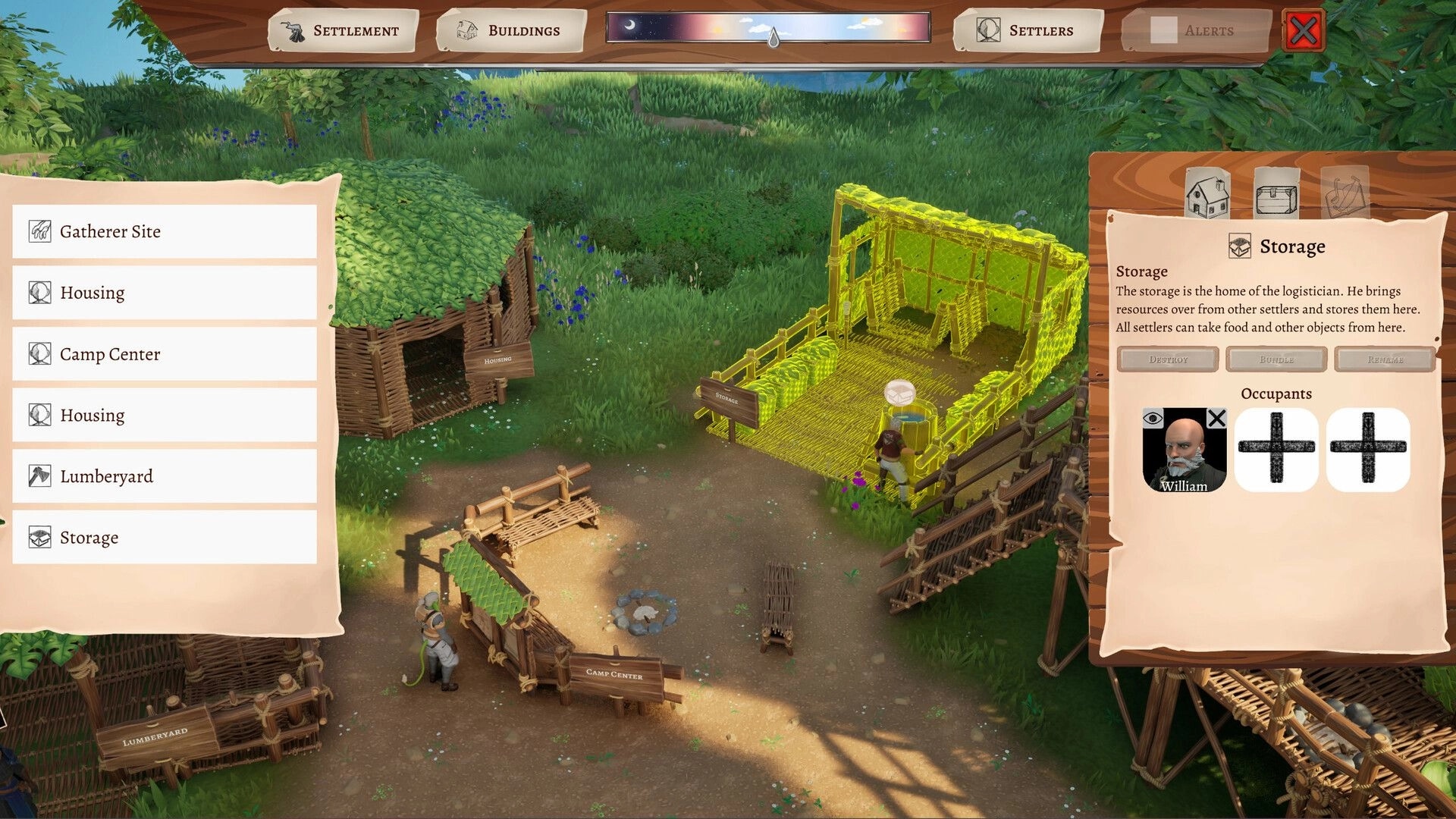 Highreach: Storage building management UI with William assigned beside a camp in grassy clearing.