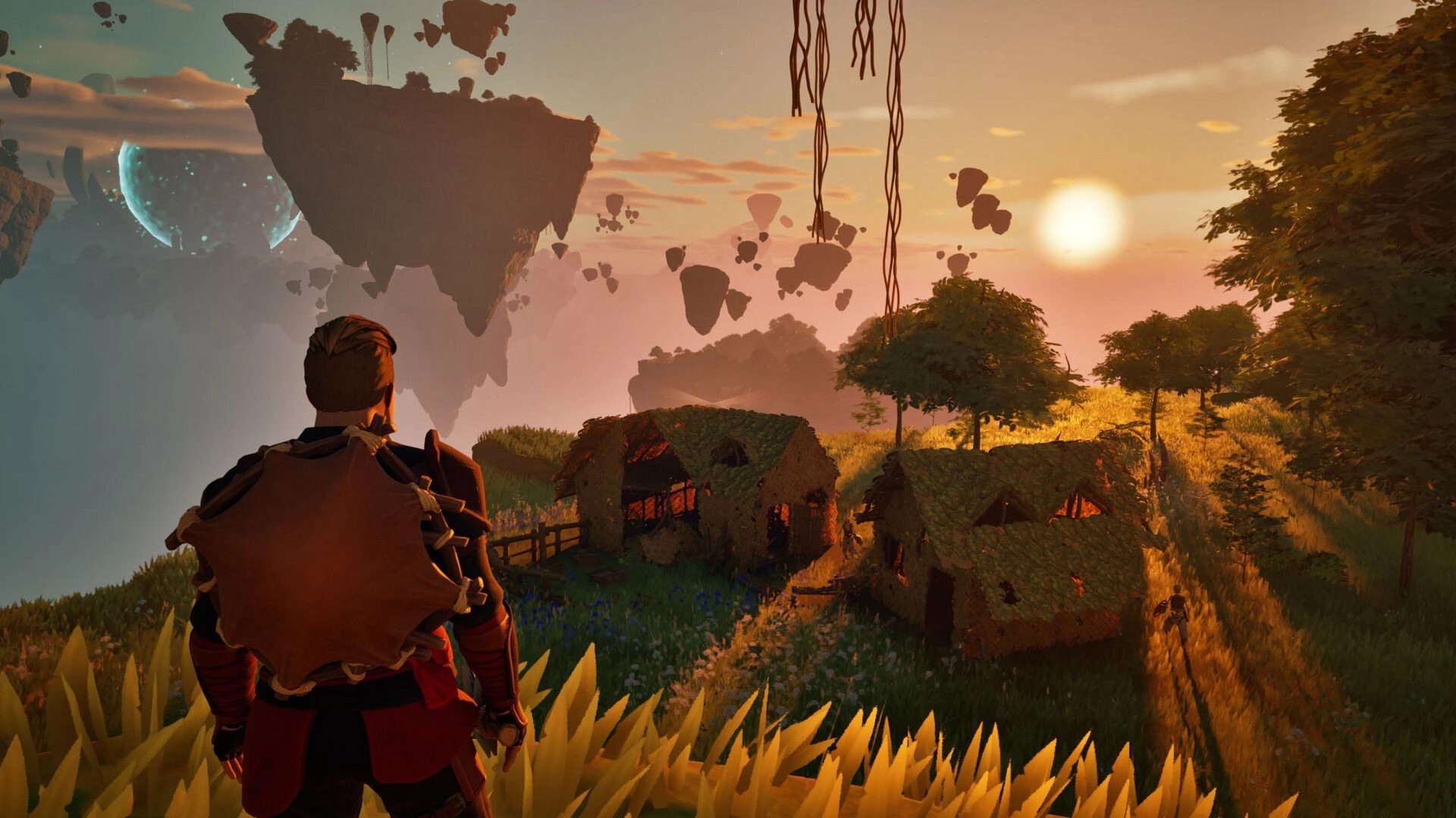 Highreach: Third-person adventurer overlooking moss-roof huts at sunset amid floating islands and trees.