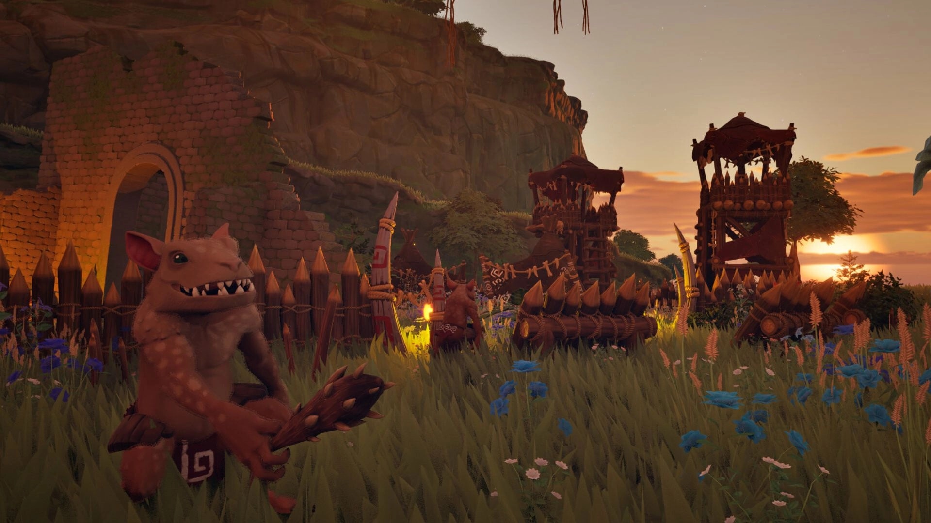Highreach: Creature NPC holding a wooden club near spiked palisade and watchtowers at sunset.