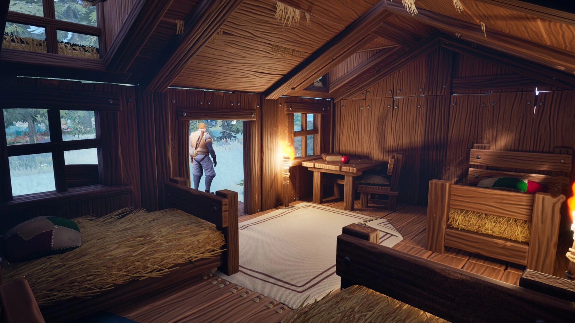 Highreach: Player stands in a cabin doorway beside beds, table, and torchlight in a wooden hut interior.